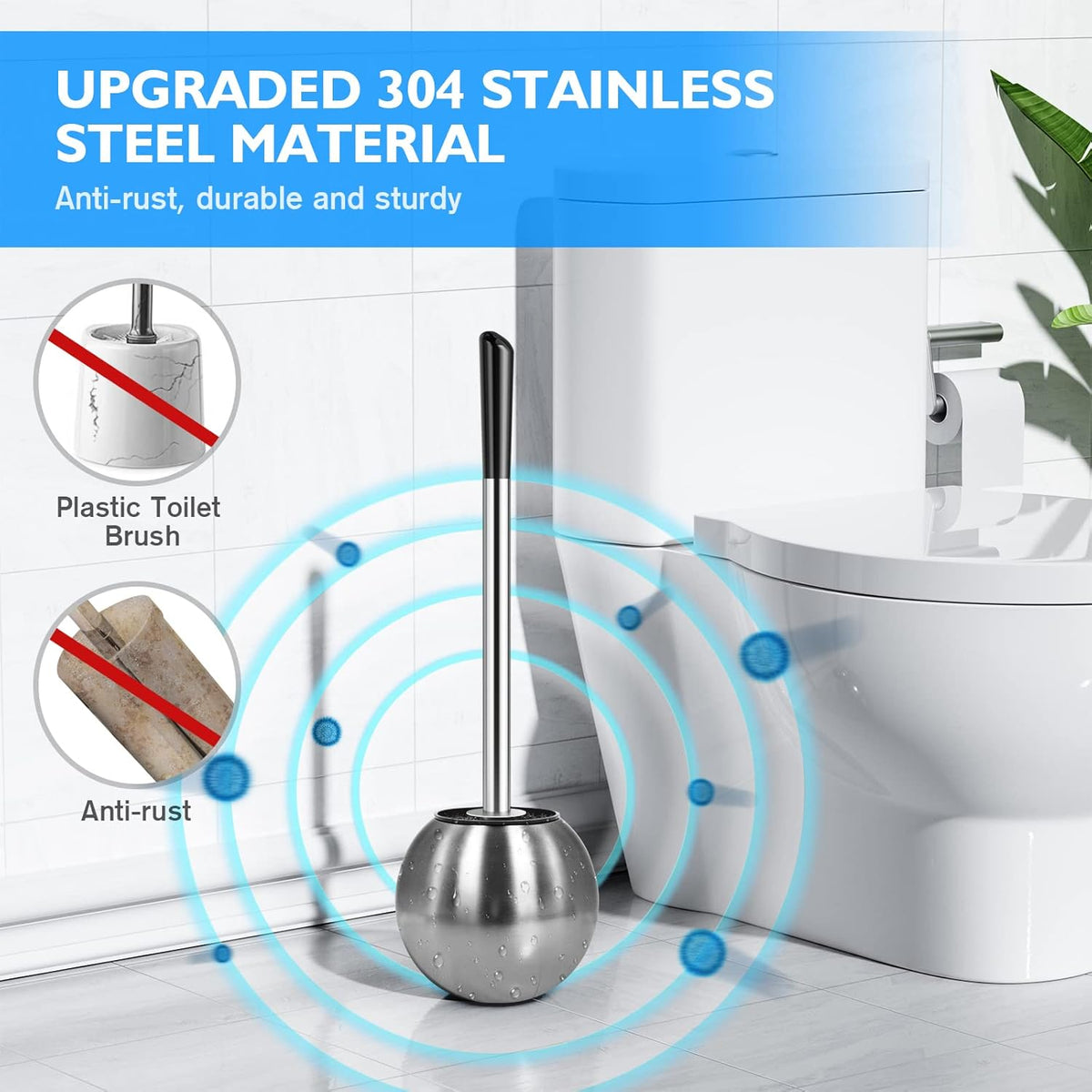 Toilet Brush and Holder 2 Pack, 304 Stainless Steel Toilet Brush with Extended and Durable
