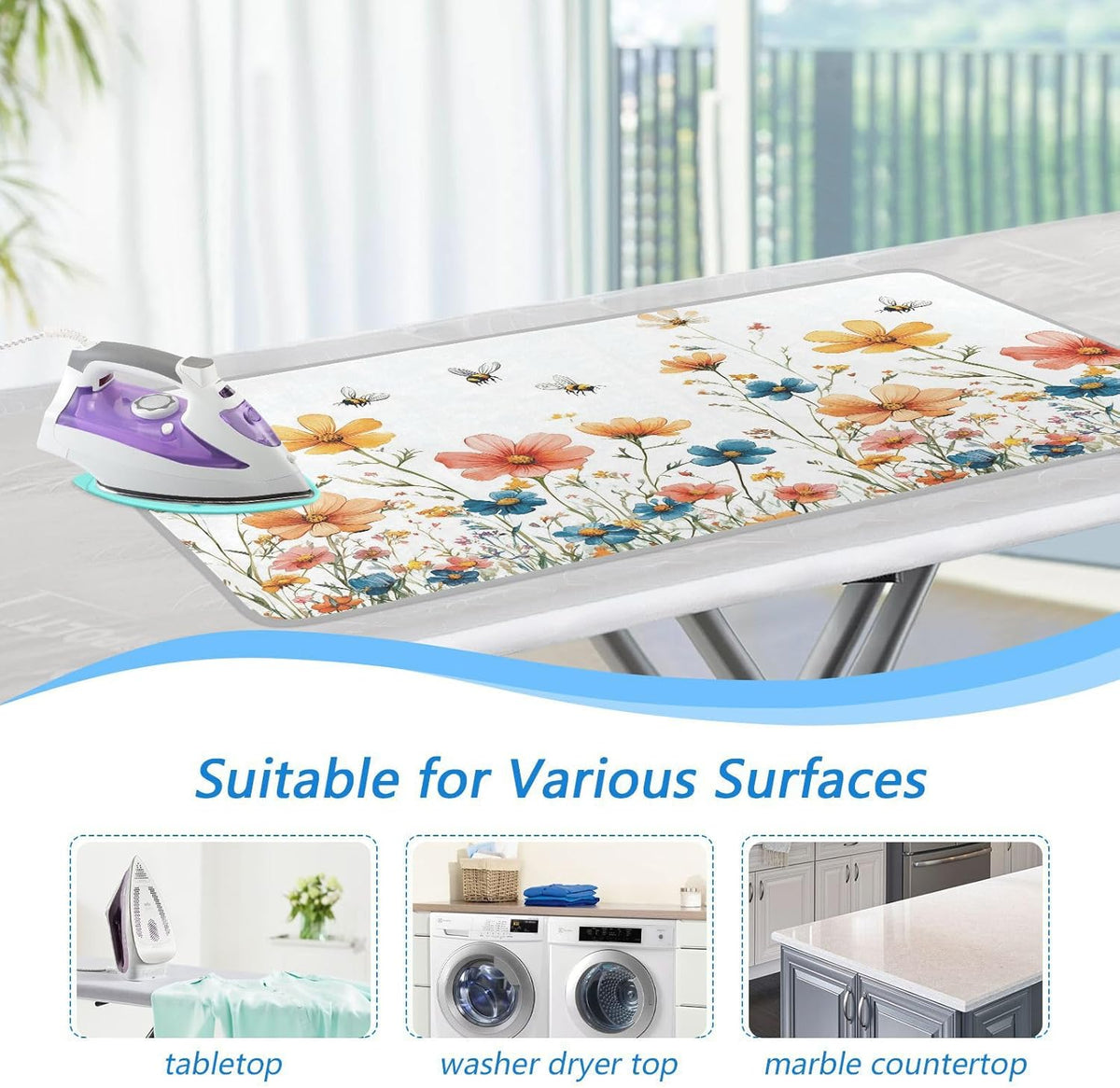 Yellow Wildflower Bees White Ironing Mat for Table top Portable Ironing Pad Blanket for Washer