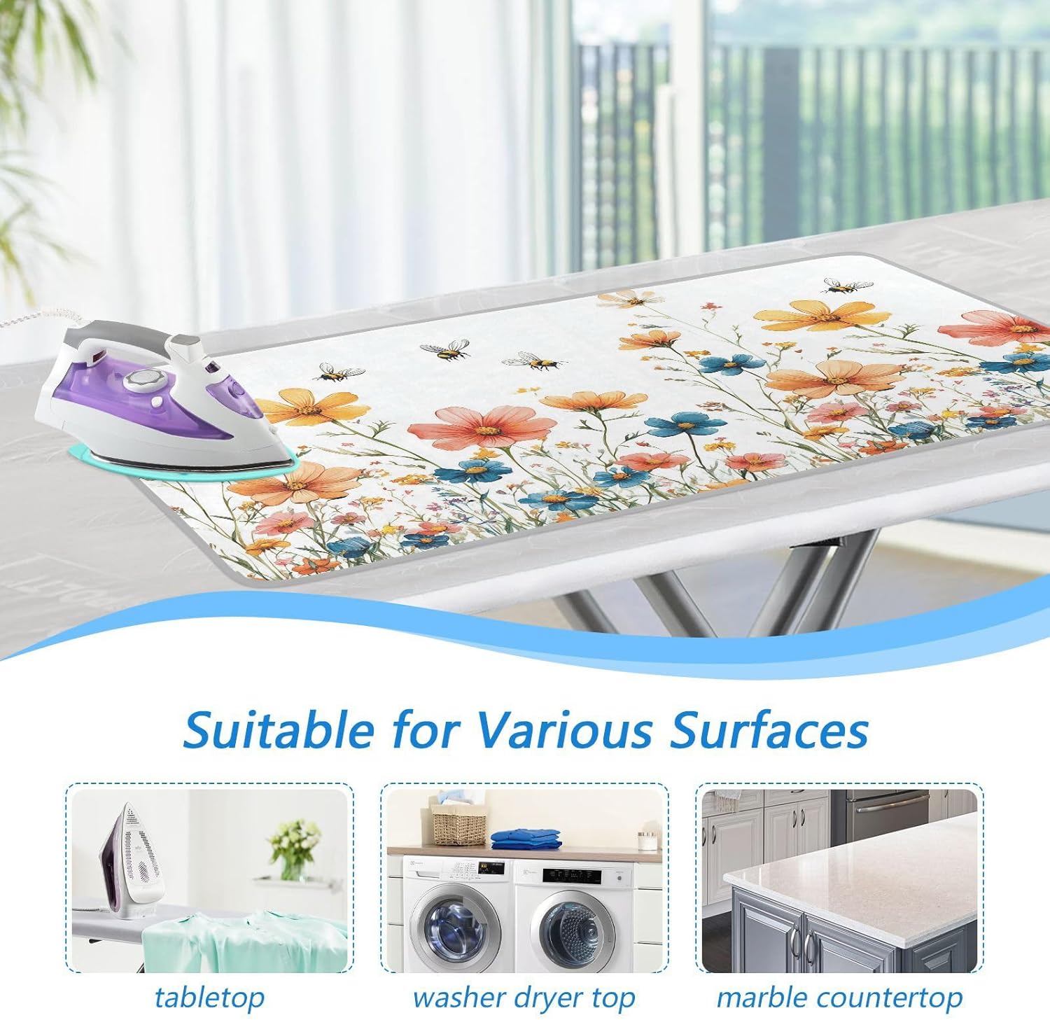 Yellow Wildflower Bees White Ironing Mat for Table top Portable Ironing Pad Blanket for Washer