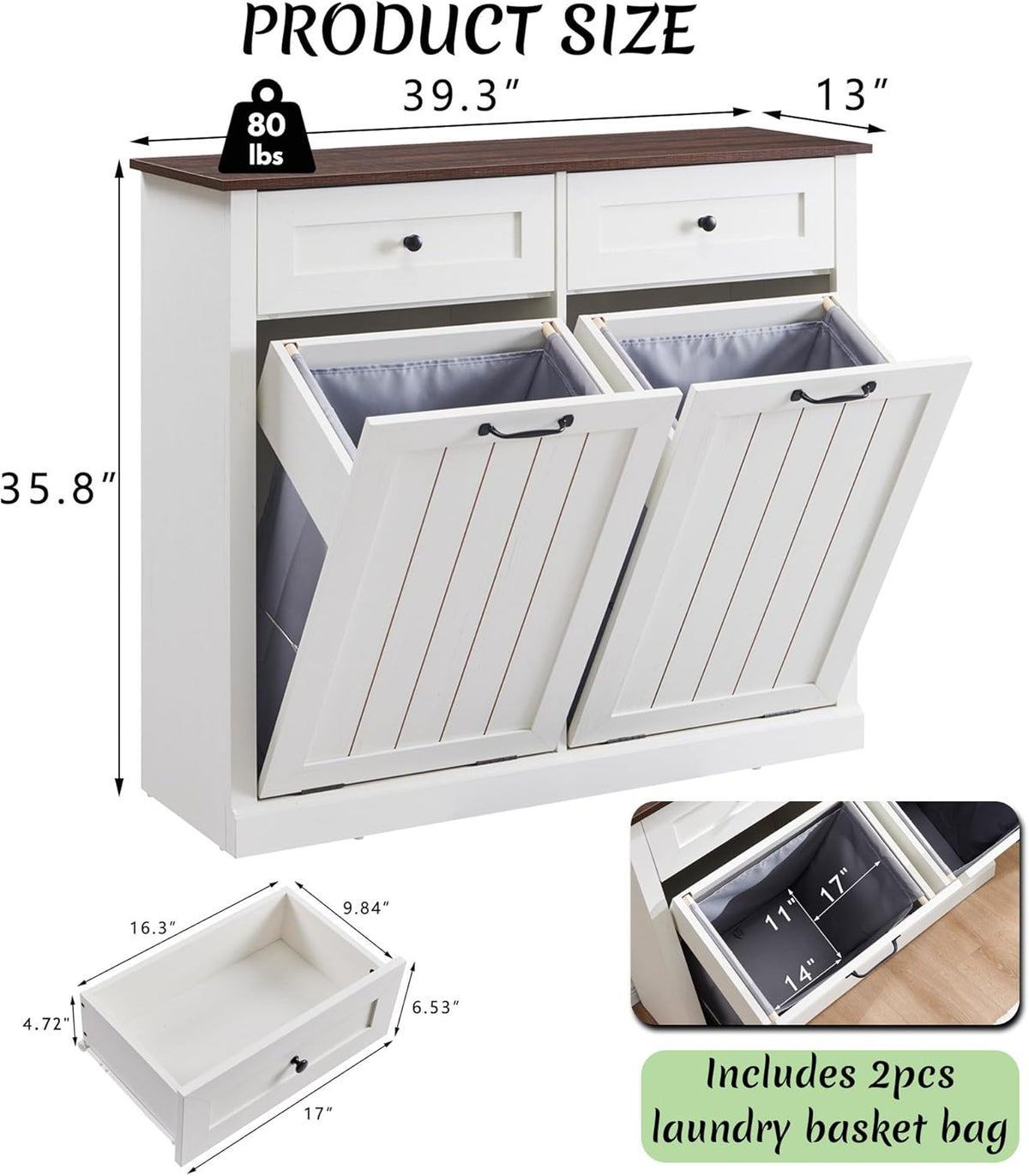 Double Tilt Out Laundry Hamper Cabinet, 20 Gallon Farmhouse Trash Can Cabinet with Drawer, Hidden