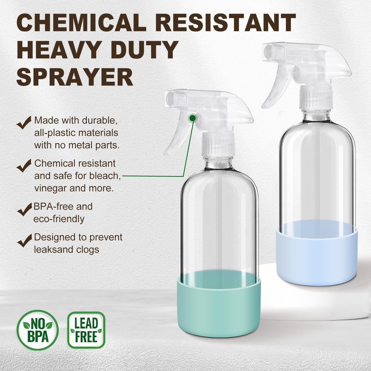 Glass Spray Bottles with Silicone Sleeves (2 Pack, 16 oz), Mist and Stream Empty Refillable