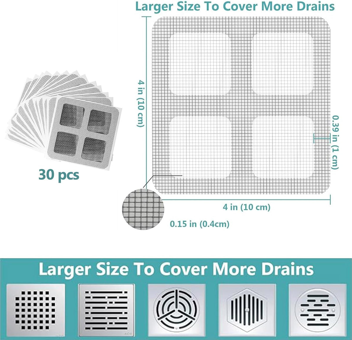 30pcs Disposable Shower Drain Hair Catcher Screen Sticker 4" X 4" Square Floor Drain Strainer Mesh