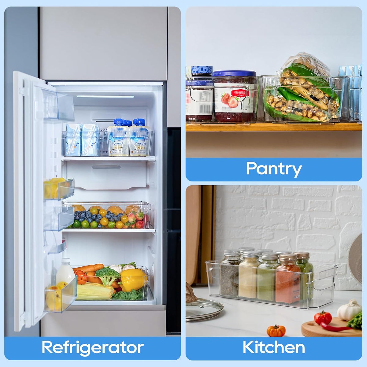 JollyPack 8 Pack Clear Plastic Storage Bins, Pantry Organizers and Storage with Handles, Clear