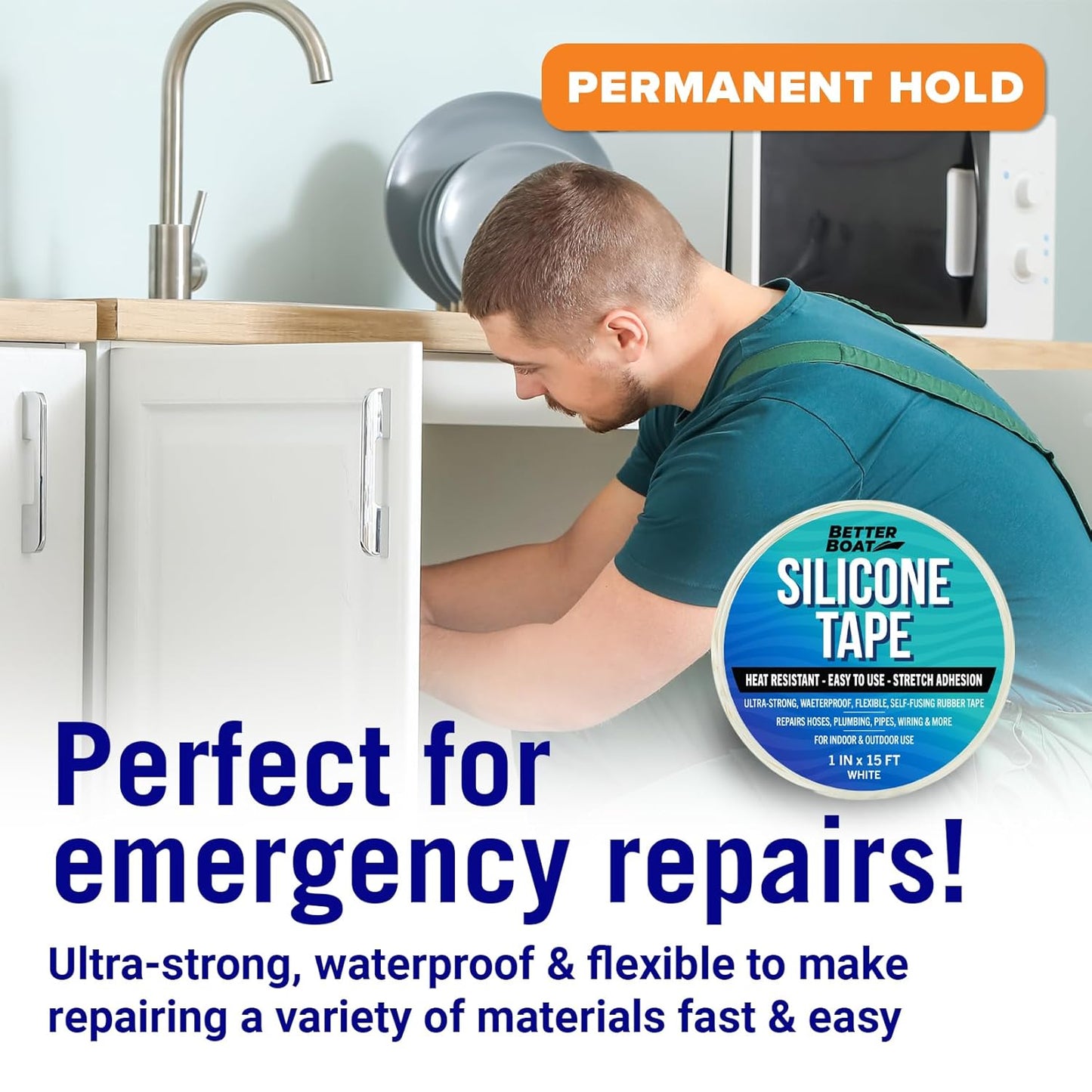 White Heavy Duty Silicone Tape, Self-Fusing Rubber Hose and Plumbing Water Pipe Repair Seal, Coax