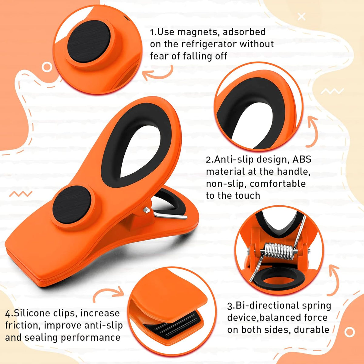 FINDMAG 12 Pack Big Chip Clips, Orange Magnetic Clip for Plants, Plastic Snack Clips for Bags, Food