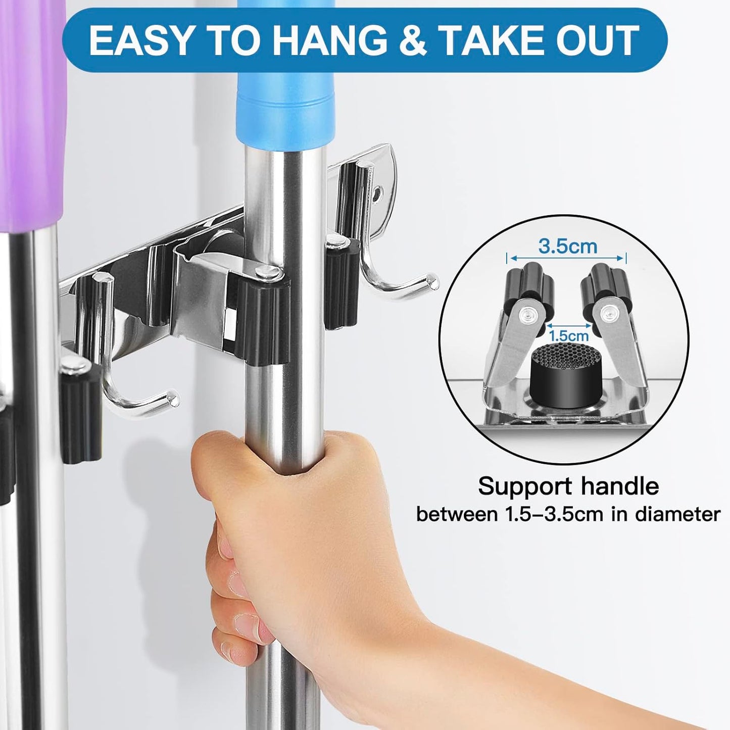 IMILLET 2 Broom Holder Wall Mounted, Stainless Steel Broom Mop Holder Self Adhesive Heavy Duty