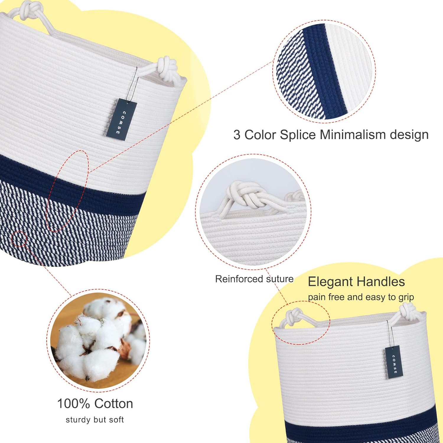 COMSE Extra Large Blanket Basket, Tall Woven Storage Basket, Nursery Hamper, 15.7”x 21.7”, Cotton