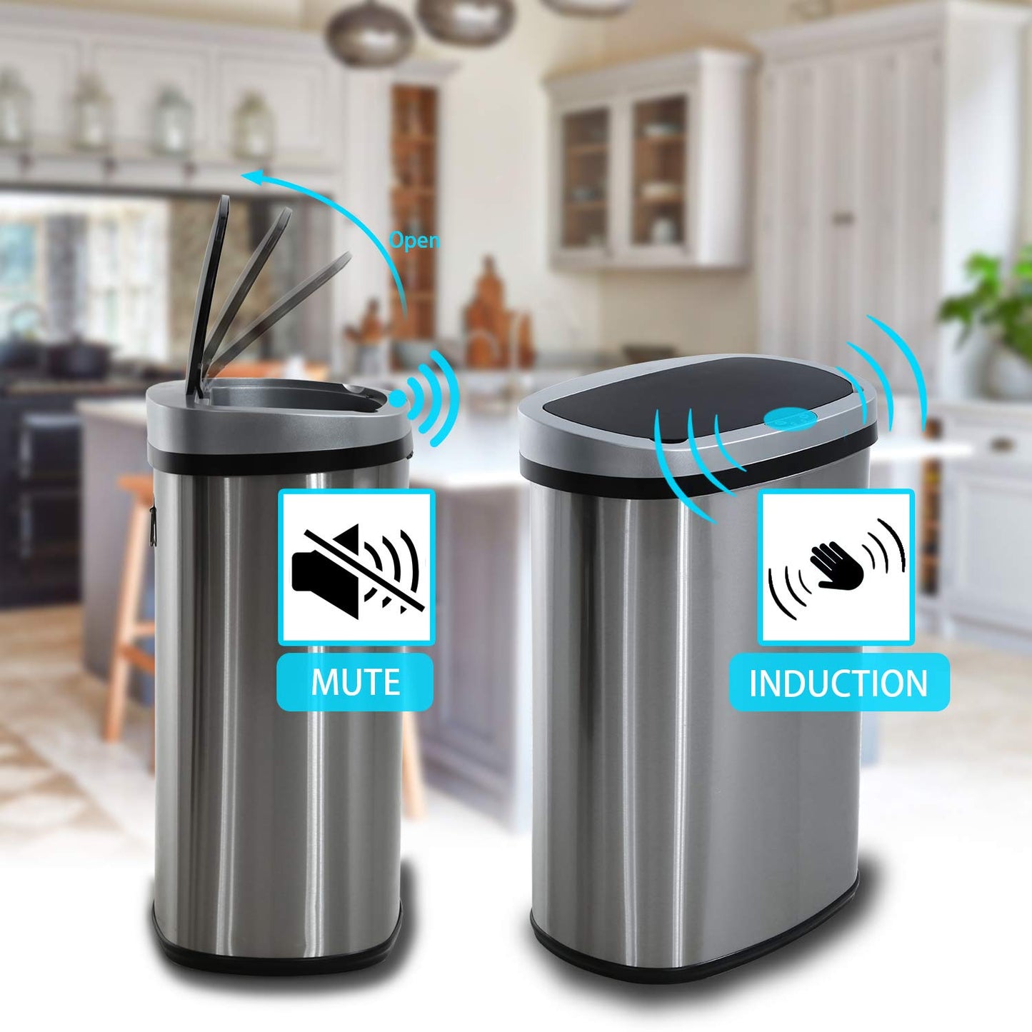 HCB Trash Can Automatic Waste Bin Mute Metal Garbage Can with Lid Stainless Steel 13 Gallon 50