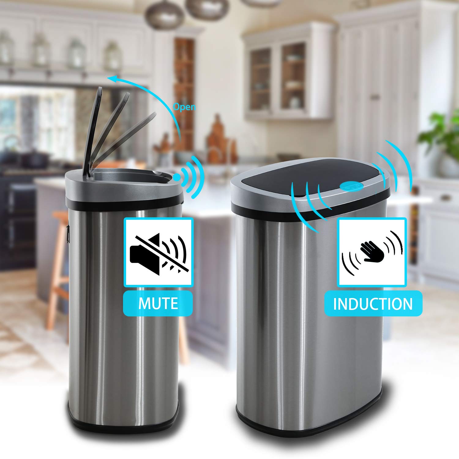 HCB Trash Can Automatic Waste Bin Mute Metal Garbage Can with Lid Stainless Steel 13 Gallon 50