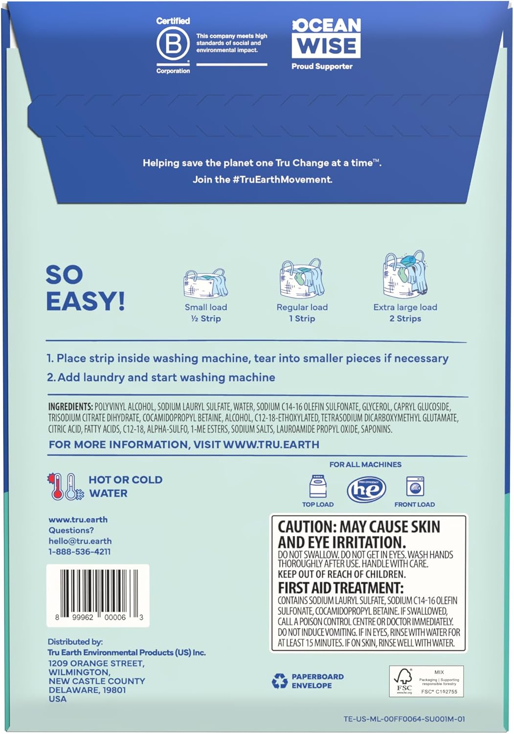 Tru Earth Compact Dry Laundry Detergent - Up to 128 Loads (64 Sheets) - Paraben-Free - Original
