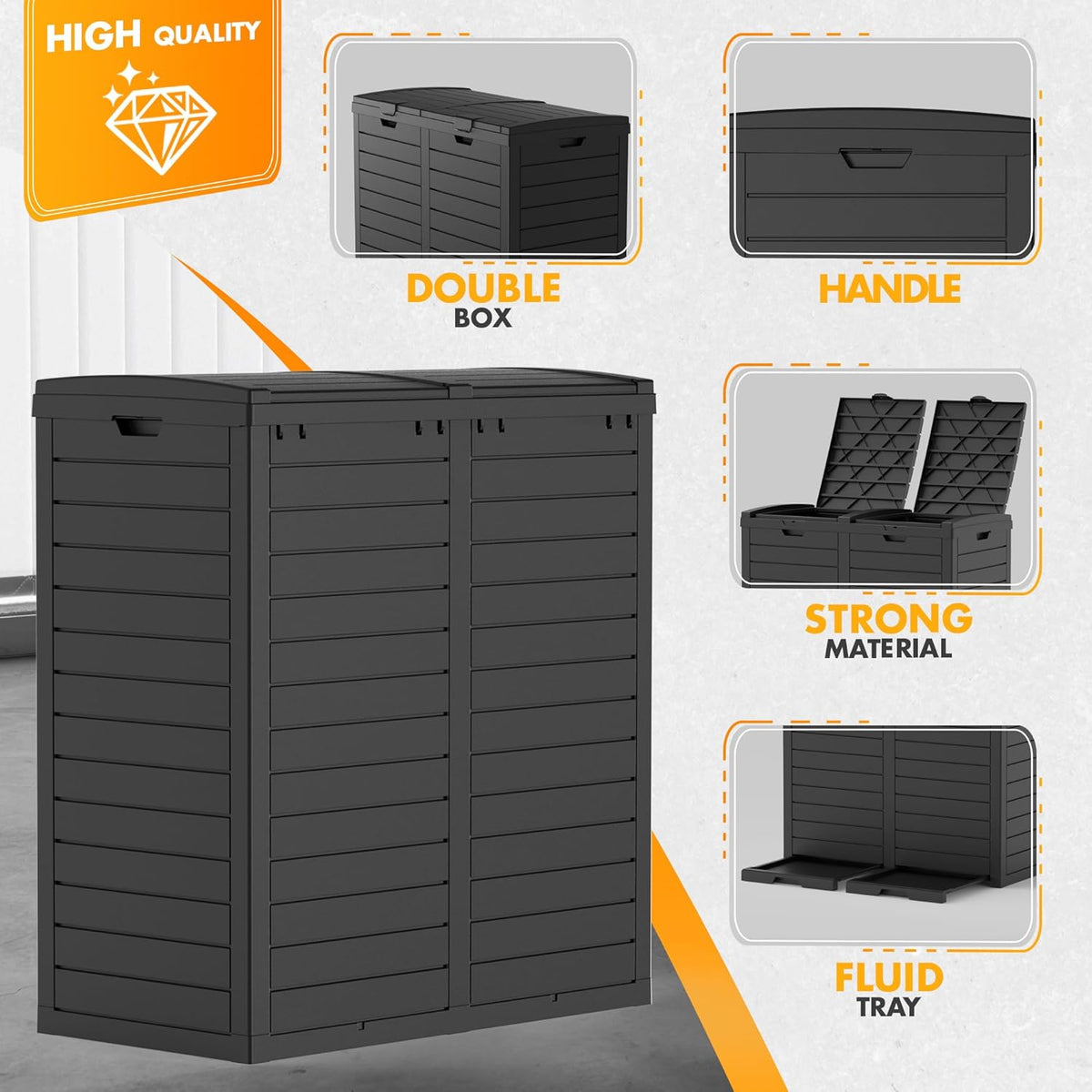 62 Gallon Outdoor Trash Can, Waterproof Resin Trash Can with Layered Lid and Drip Tray, Perfect for