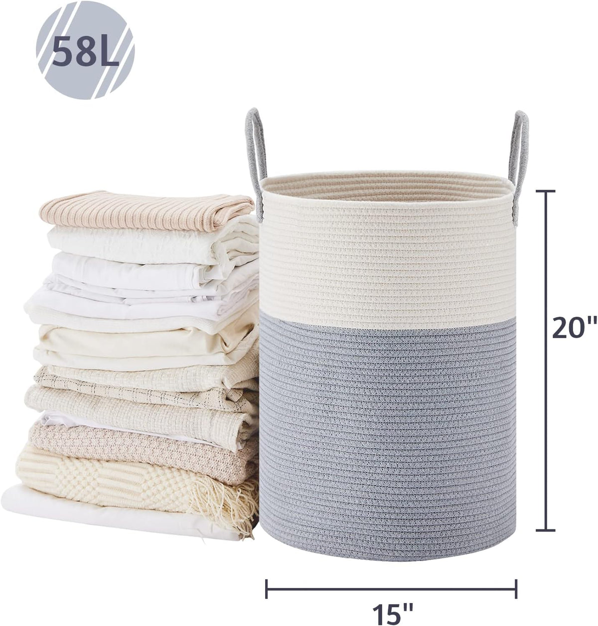 VIPOSCO Large Laundry Hamper, Tall Woven Rope Storage Basket for Blanket, Toys, Dirty Clothes in