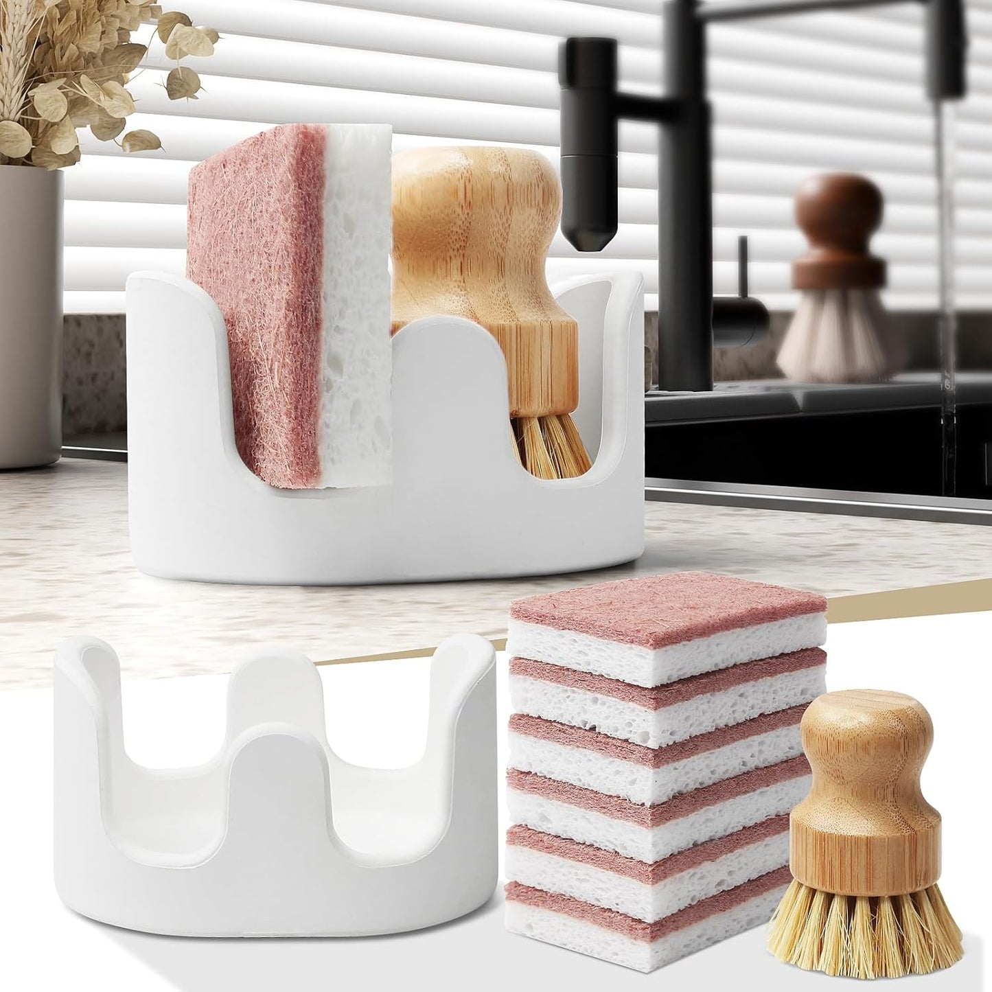 Double Sponge Holder, Water-Absorbing Stone Dish Sponge Caddy for Kitchen Sink Counter, Fast-Drying