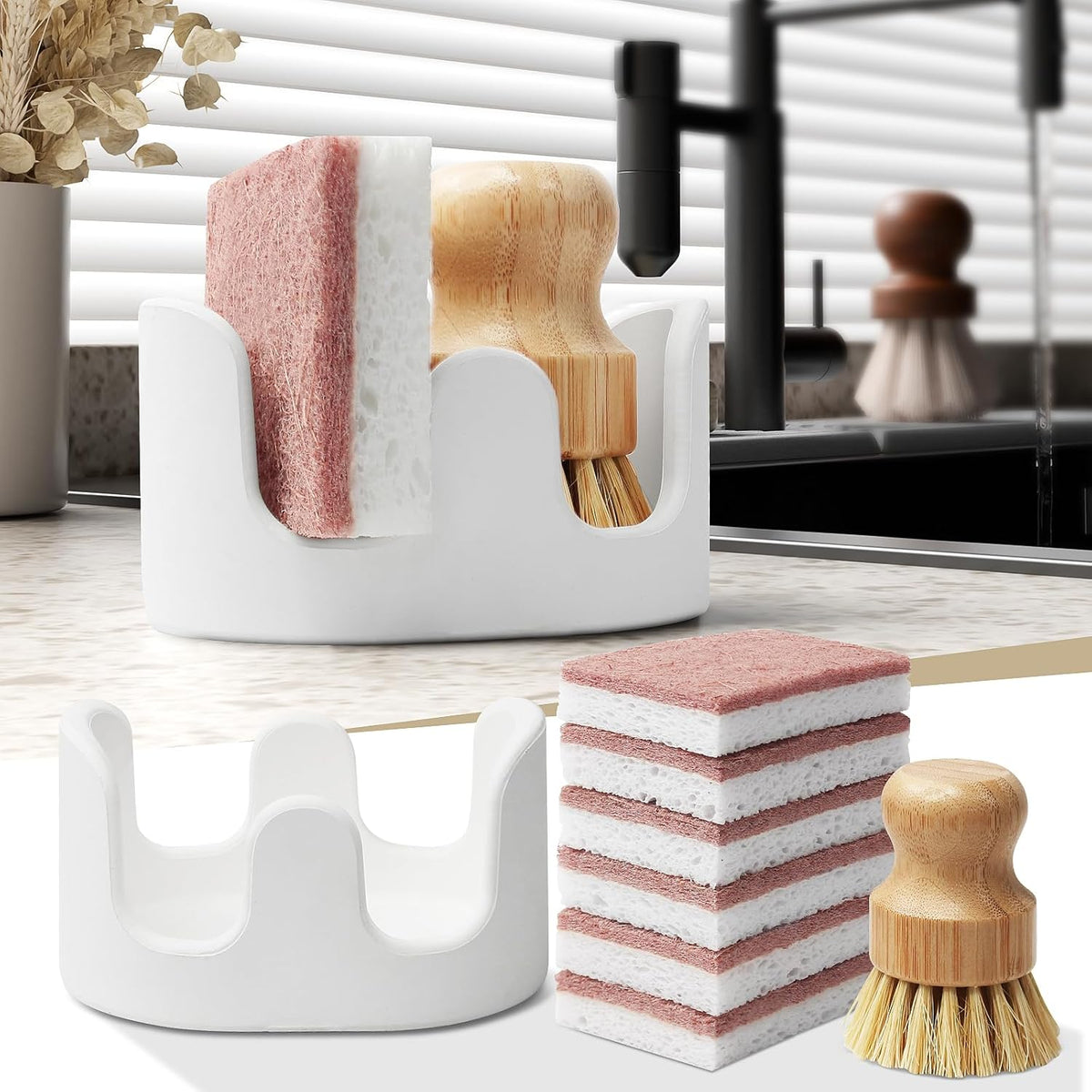 Double Sponge Holder, Water-Absorbing Stone Dish Sponge Caddy for Kitchen Sink Counter, Fast-Drying