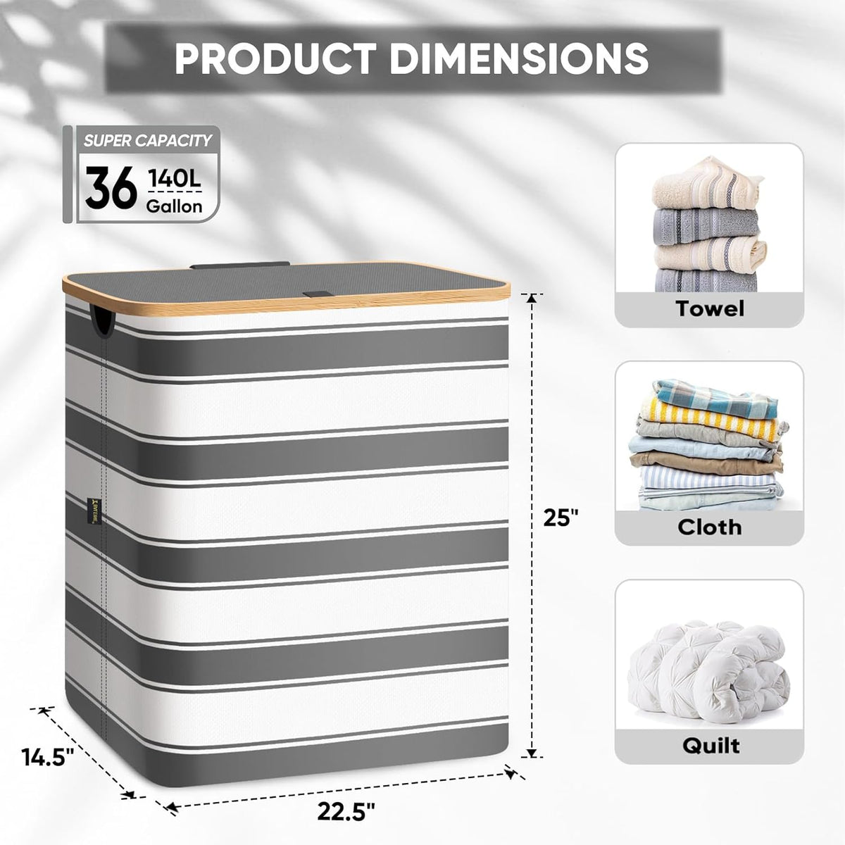 BALEINE Laundry Hamper with Lid, Tall Laundry Baskets with Bamboo Pull Handles, Large Laundry Bin
