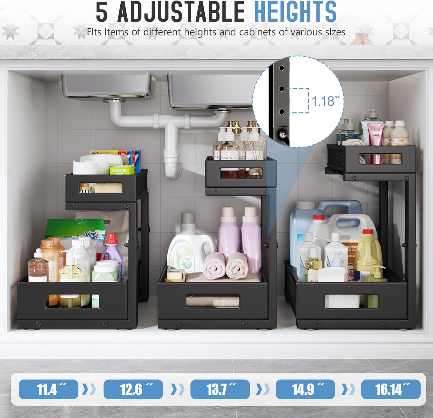 1 Pack-11.4"-16.14"H Under Sink Storage Organizer, Large 2-Tier Elegant Mesh Pull Out Shelf for