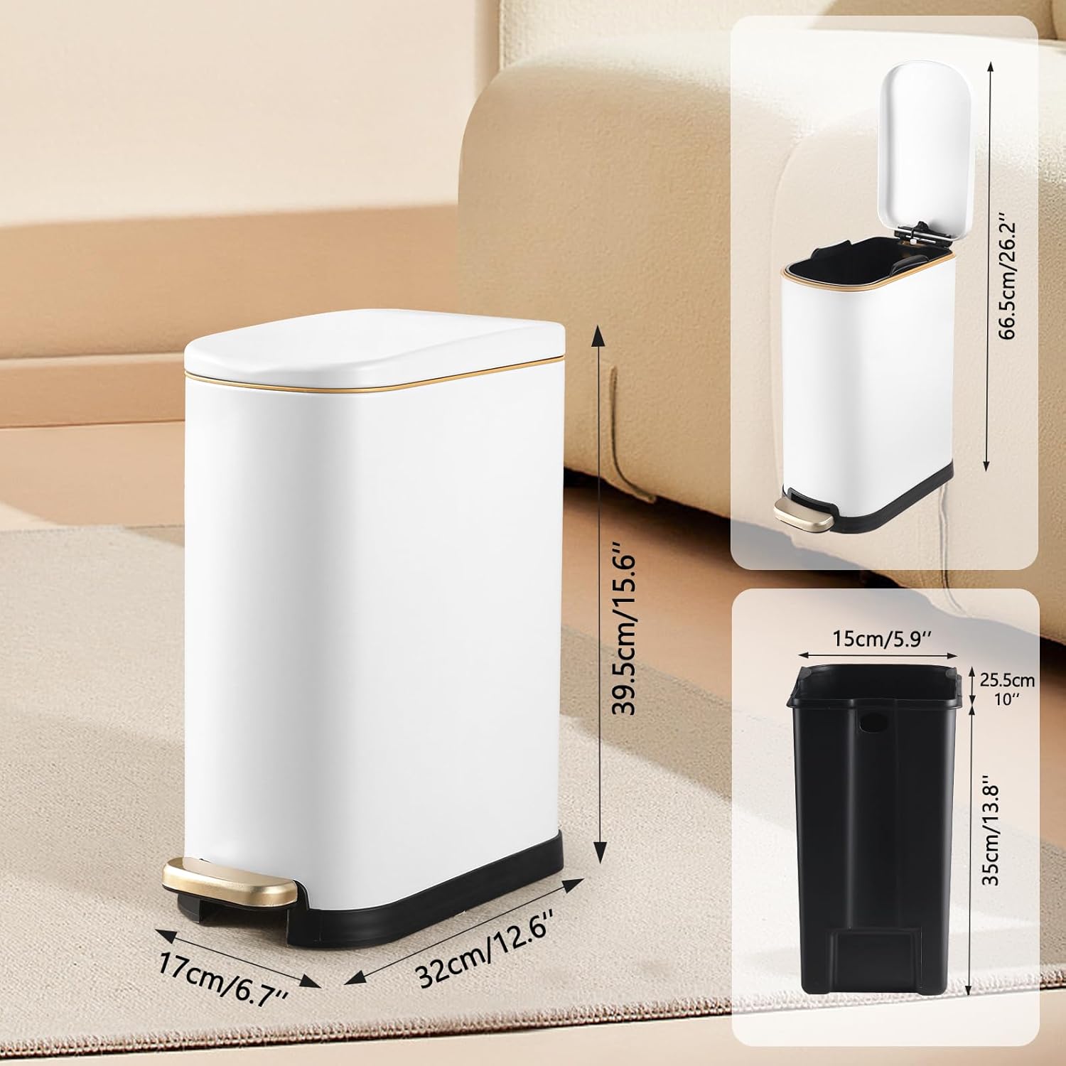 Bathroom Trash Can with Soft-Close Lid 3.5 Gallon Stainless Steel Garbage Can with Removable Inner