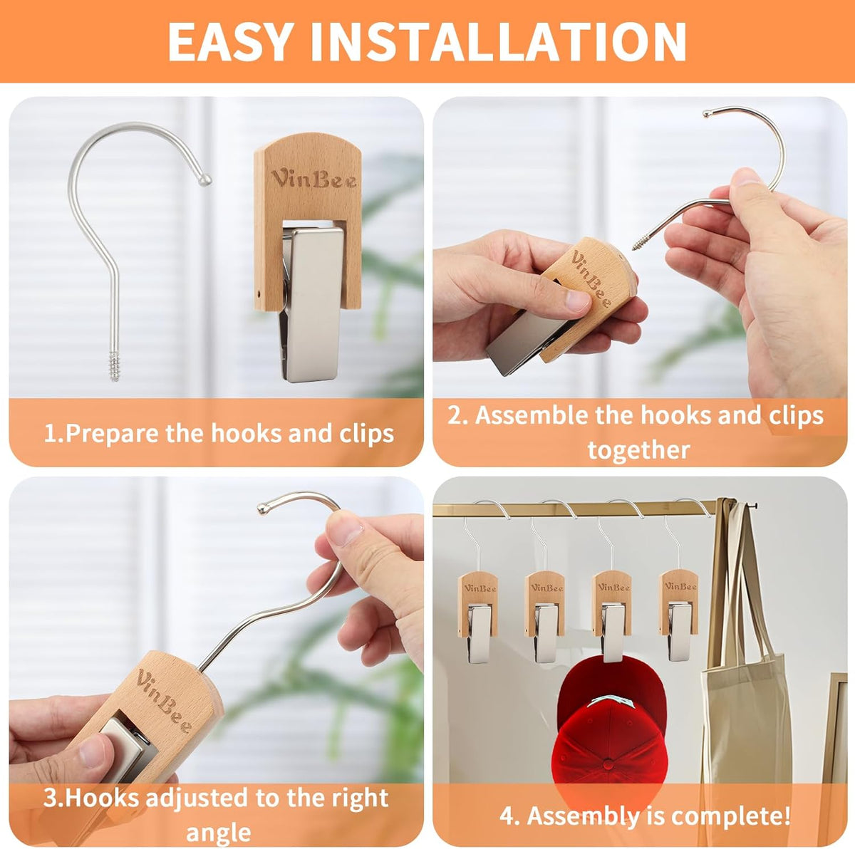 VinBee 6 PCS Hooks with Clips for Hanging,Wooden Laundry Hooks Hanging Clips Hook,Clothes Pins with
