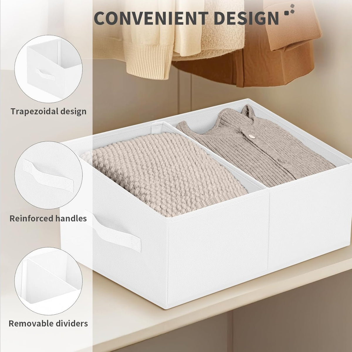 DIMJ Large Closet Shelf Organizer Bins 4 Packs with Handles and Divider, Fabric Trapezoid Storage