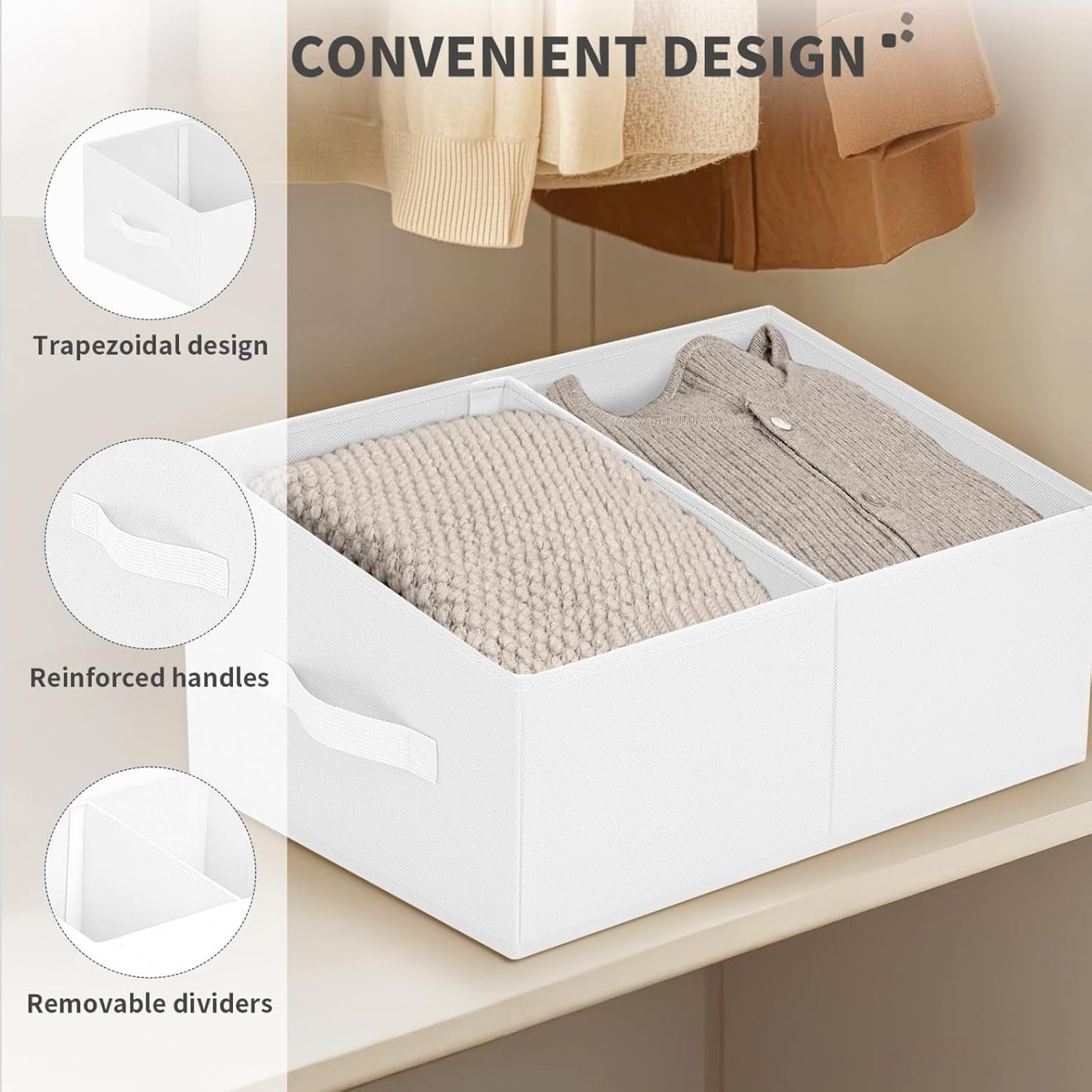 DIMJ Large Closet Shelf Organizer Bins 6 Packs with Handles and Divider, Fabric Trapezoid Storage