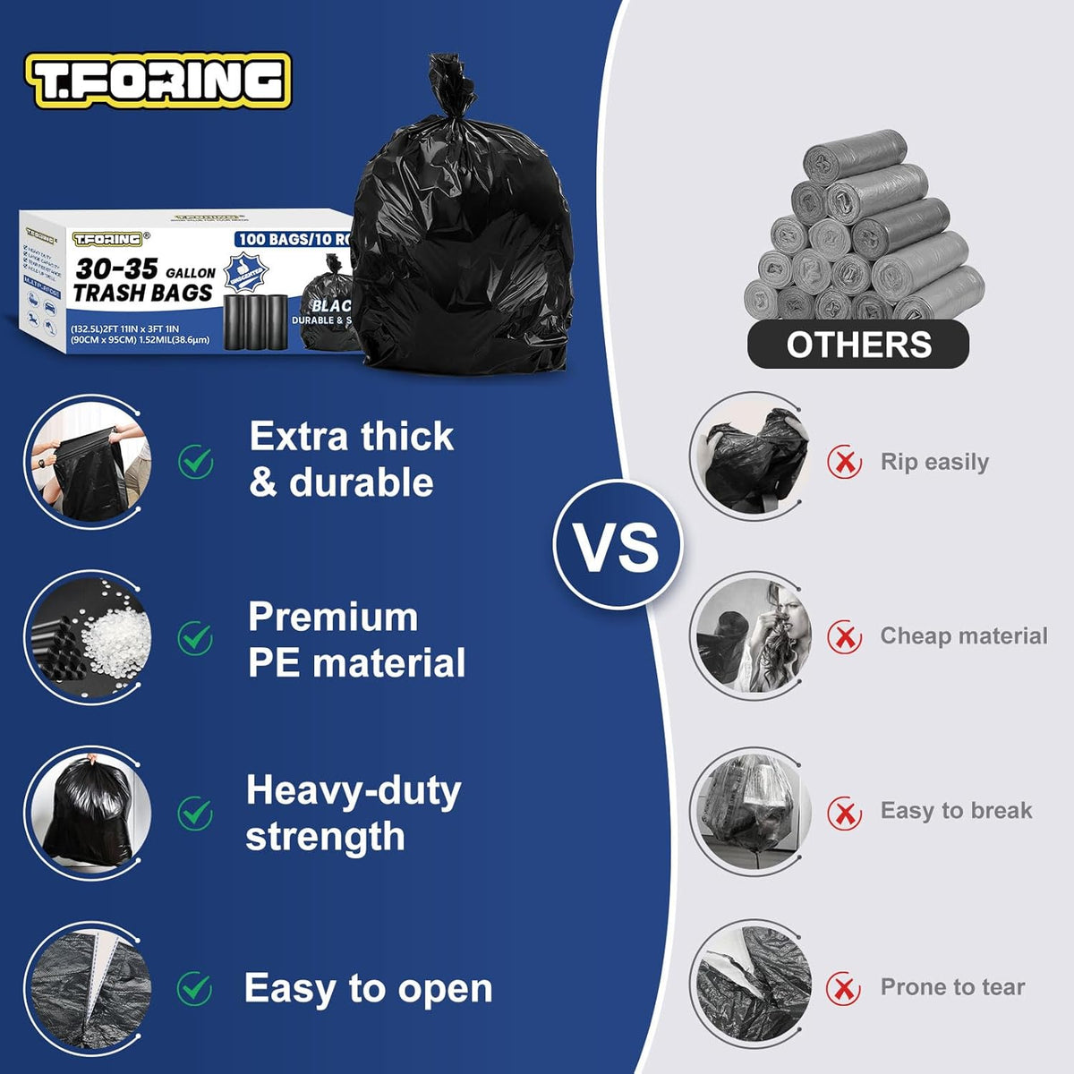 30-35 Gallon Trash Bags Heavy Duty 1.5 Mil - 35" x 37" 100 Count Large Black Garbage Bags 30+
