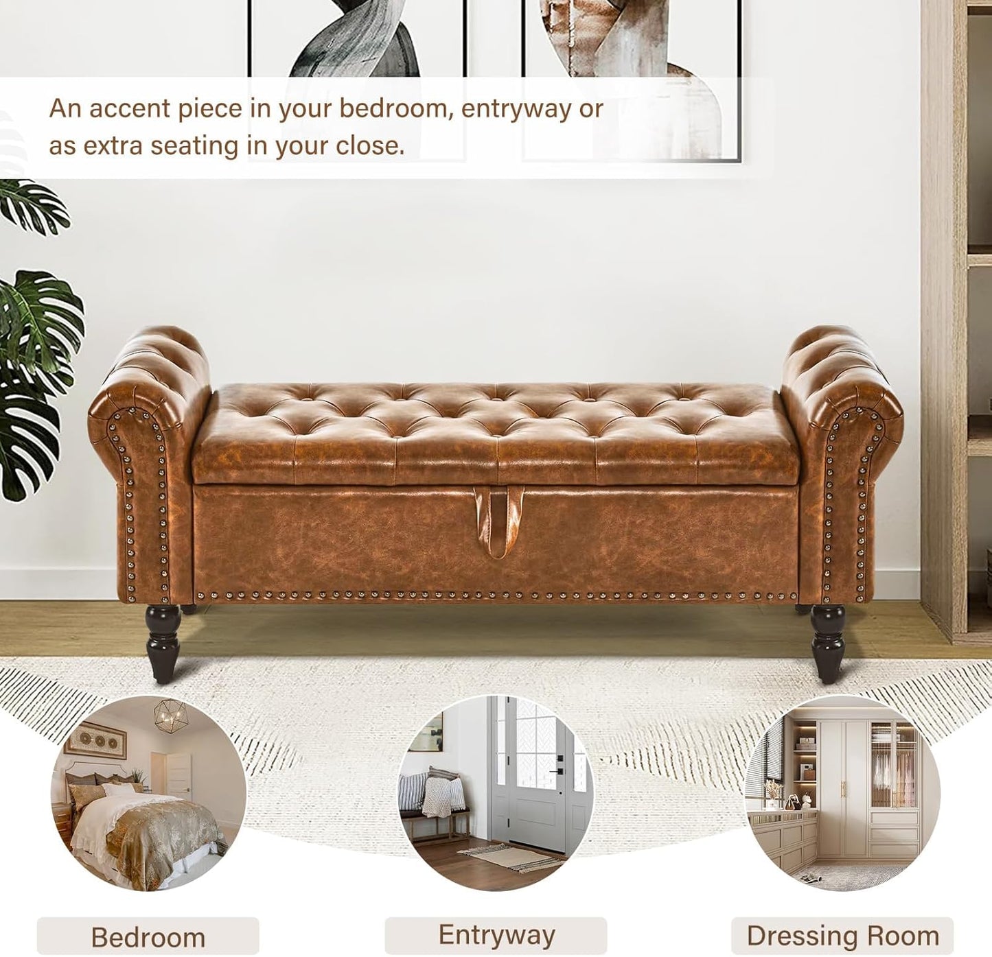 Furnimart Storage Bedroom Bench for End of Bed, Faux Leather Upholstered Storage Ottoman with