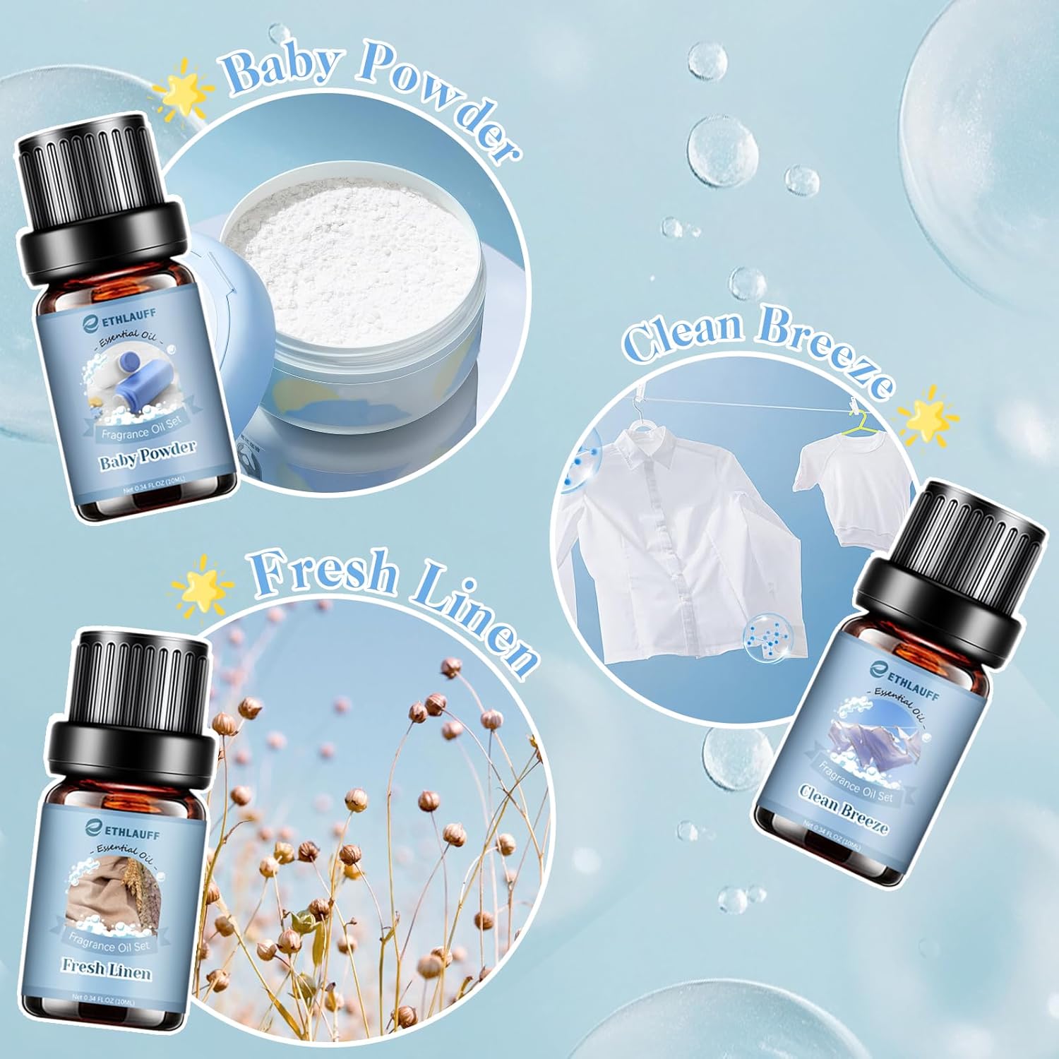 Clean Essential Oils Set, Laundry Collection Essential Oils Set, Pack of 6 Fragrance Oil for