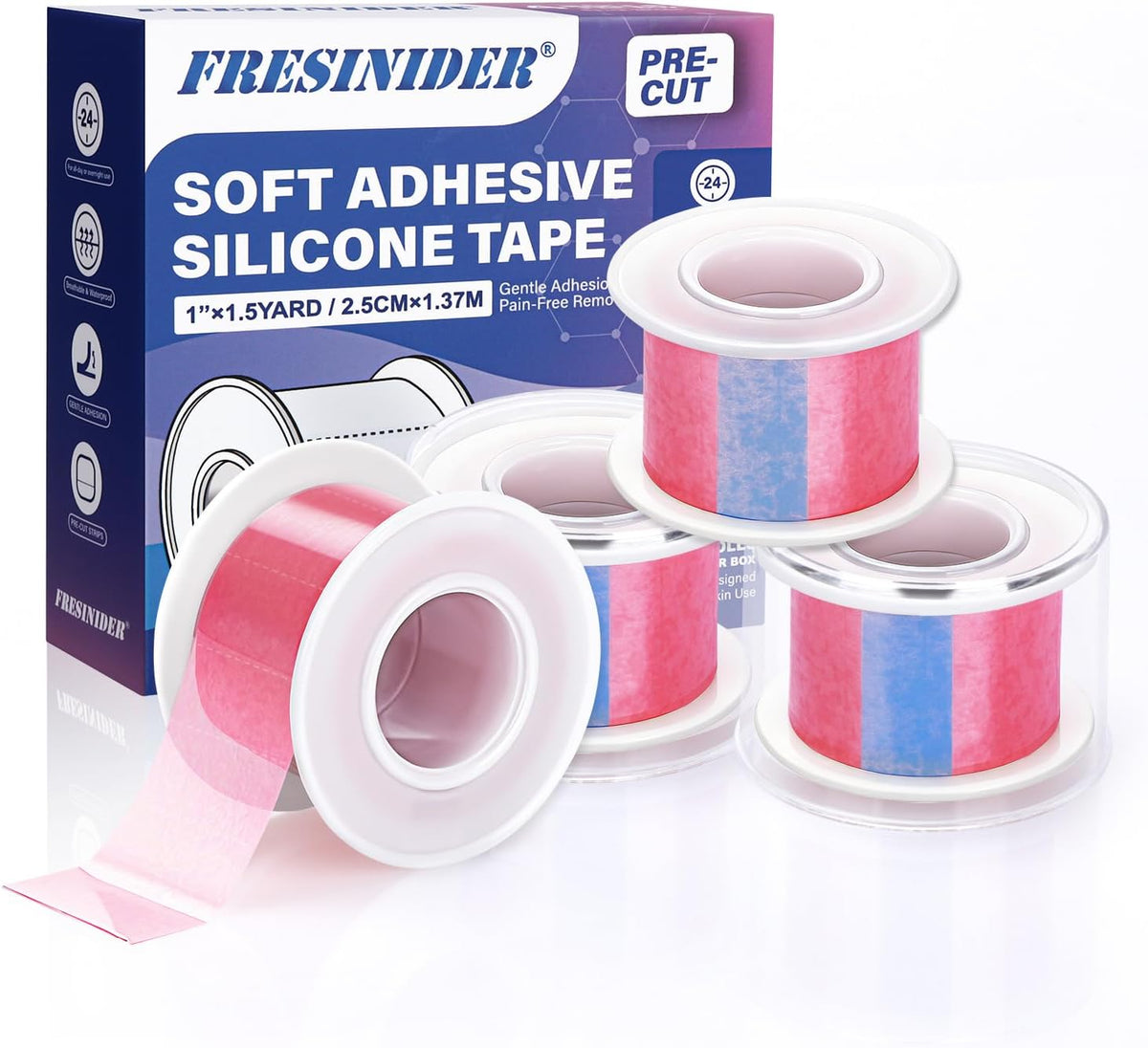FRESINIDER Silicone Tape 1" x 1.5 Yard Pink 4 Rolls for Sensitive Skin, Pre-Cut Waterproof Medical