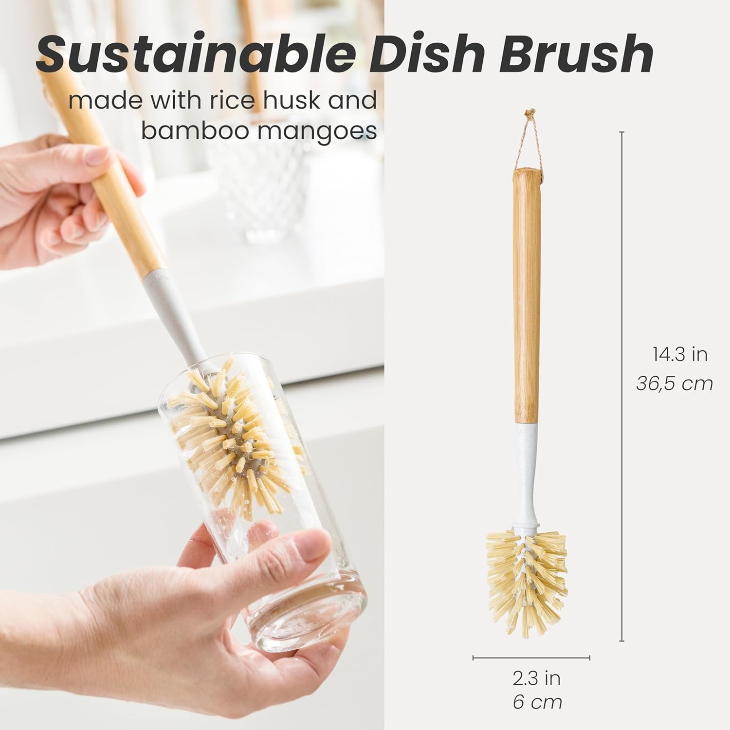 Vigar Zeroline 13.9" Long Bamboo Dish Brush, Ideal Dish Brush for Cups, Wine Glass, Tumbler