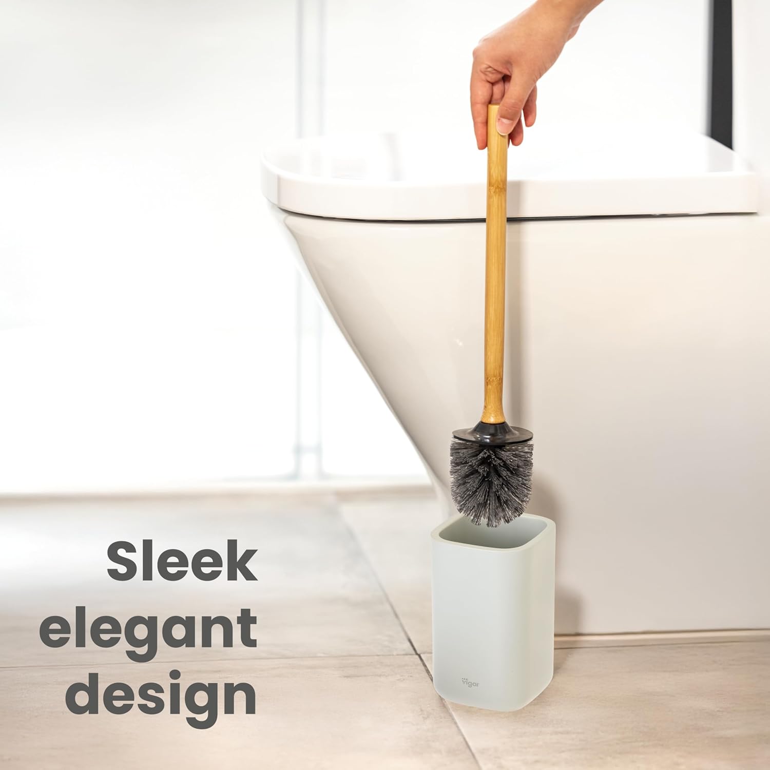 Vigar Zense Toilet Brush and Holder Set, Toilet Bowl Brush with Polyresin Stone Holder, Bathroom
