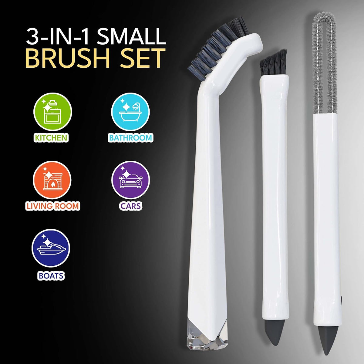 Small Cleaning Brush Set 3pcs—Crevice Brushes for Cleaning—Scrub Brushes Set with Silicone Tipped