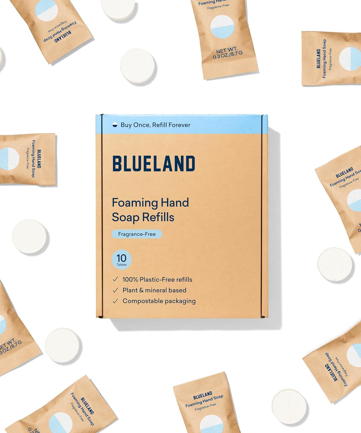 BLUELAND Foaming Hand Soap Refill Tablets, 10-Pack, Fragrance Free, Eco Friendly Cleaning Products