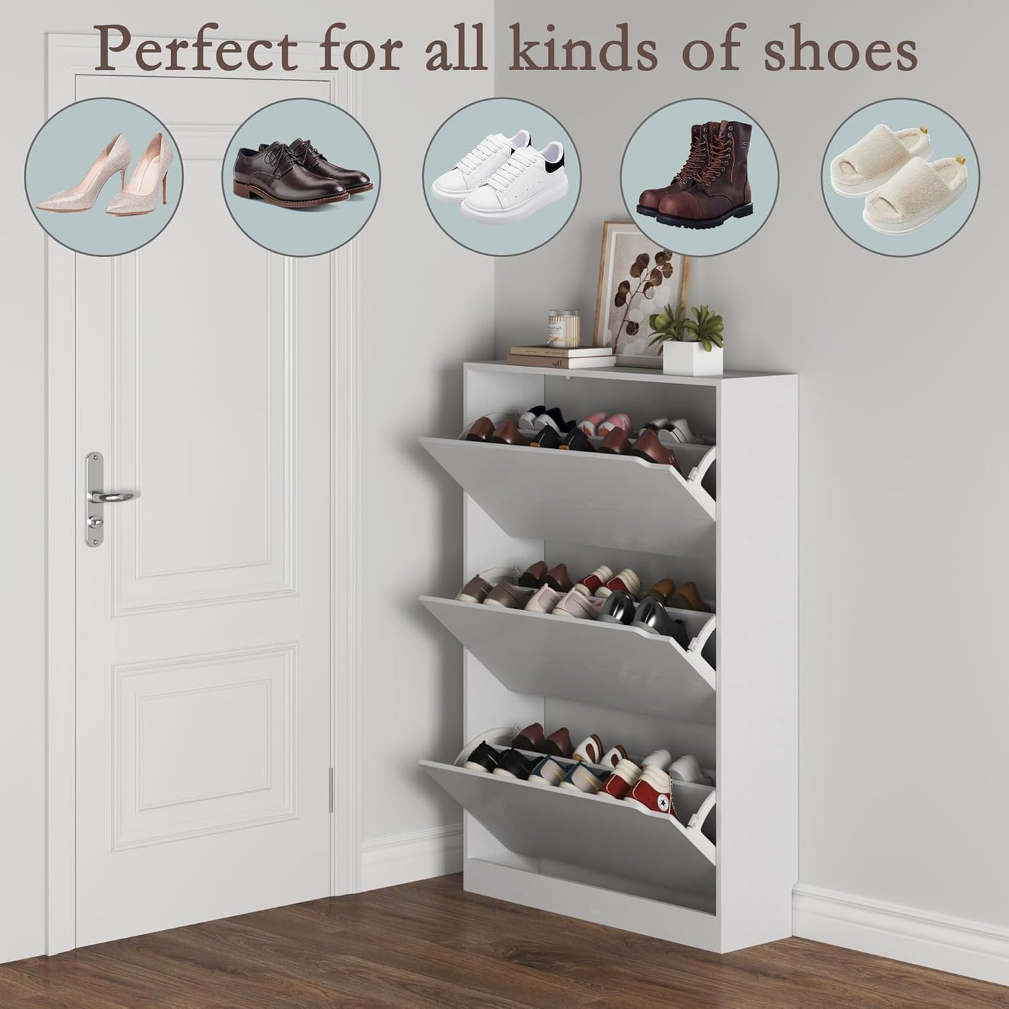 Shoe Cabinet with 3 Flip Drawers, Hidden Wood Shoe Cabinet,Freestanding Shoe Storage Cabinet for