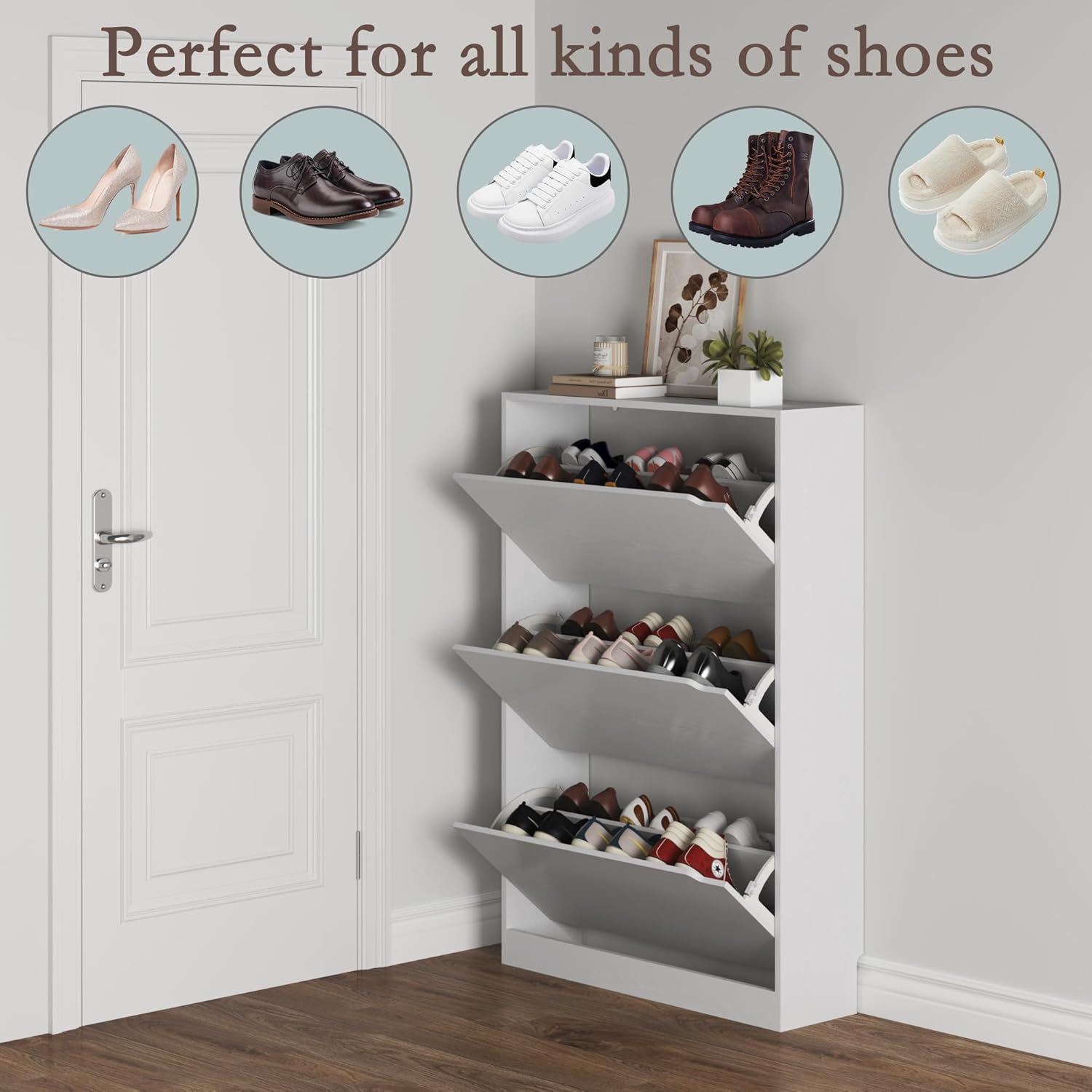 Shoe Cabinet with 3 Flip Drawers, Hidden Wood Shoe Cabinet,Freestanding Shoe Storage Cabinet for