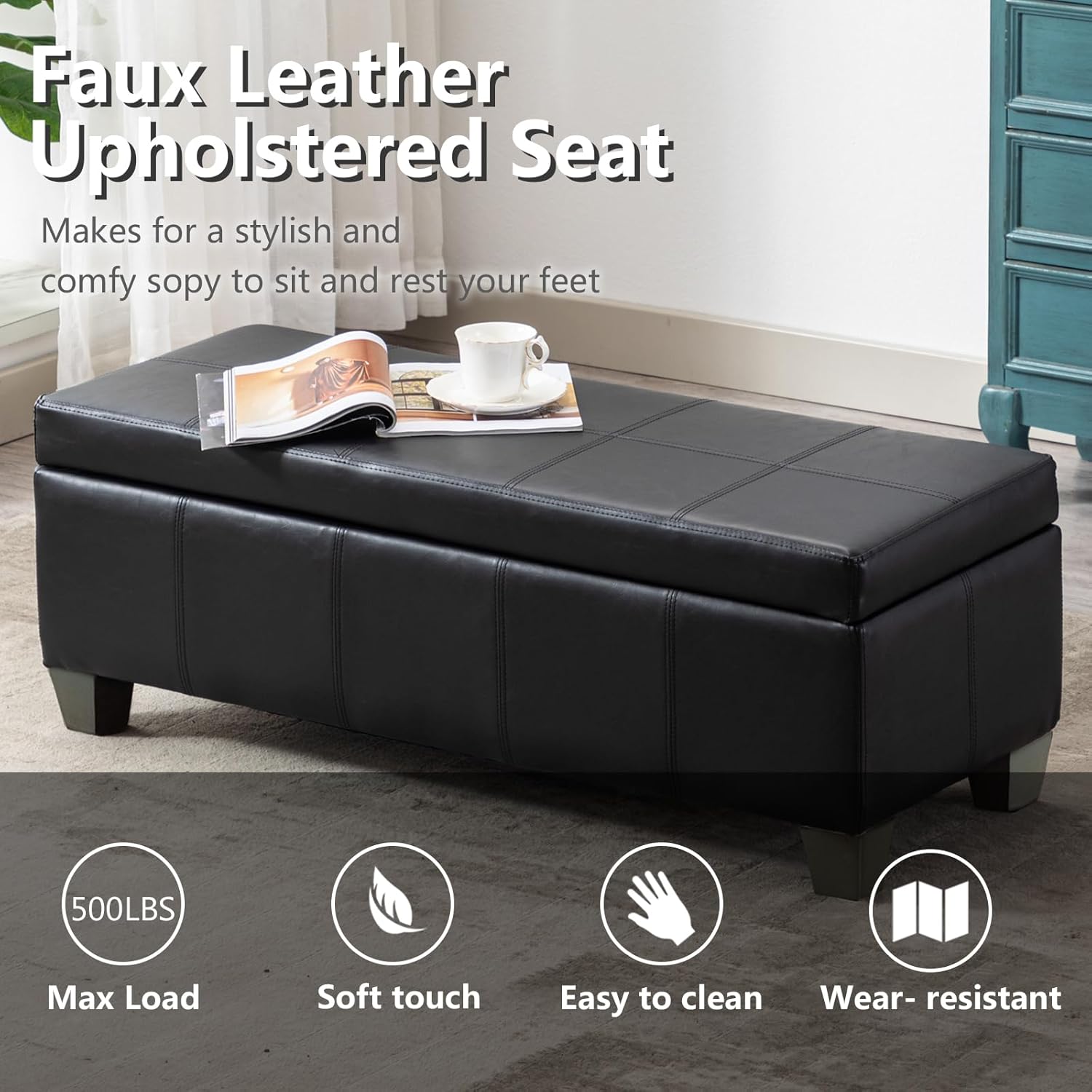 51 Inch Black Faux Leather Ottoman with Storage, Rectangular Extra Long Bench, End of Bed Bench