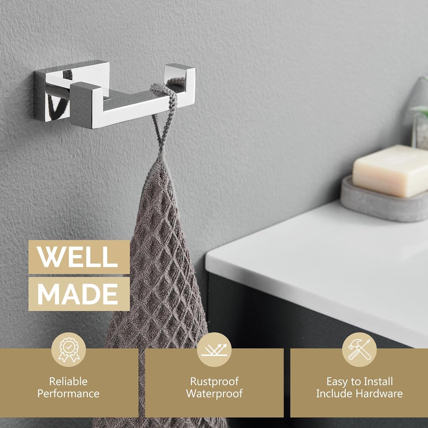 Angle Simple Bathroom Towel Hook, SUS 304 Stainless Steel Hand Towel Double Hook for Wall, Robe