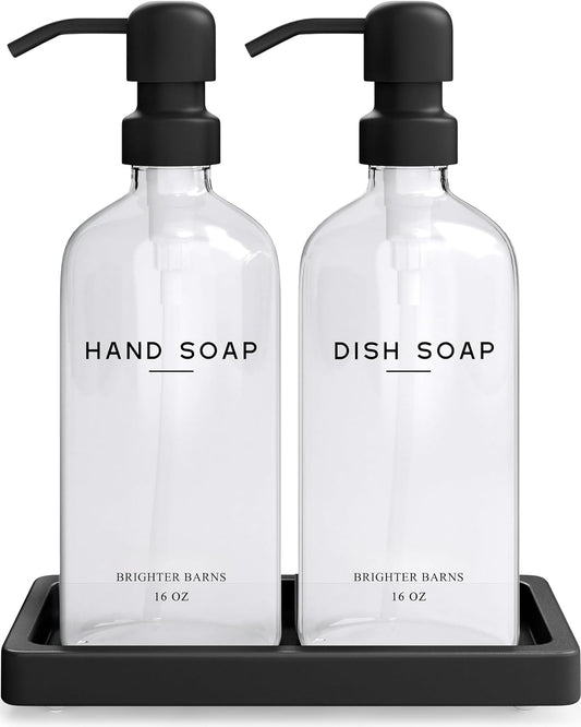 Glass Hand and Dish Soap Dispenser Set by Brighter Barns - Kitchen Soap Dispenser Set with Tray