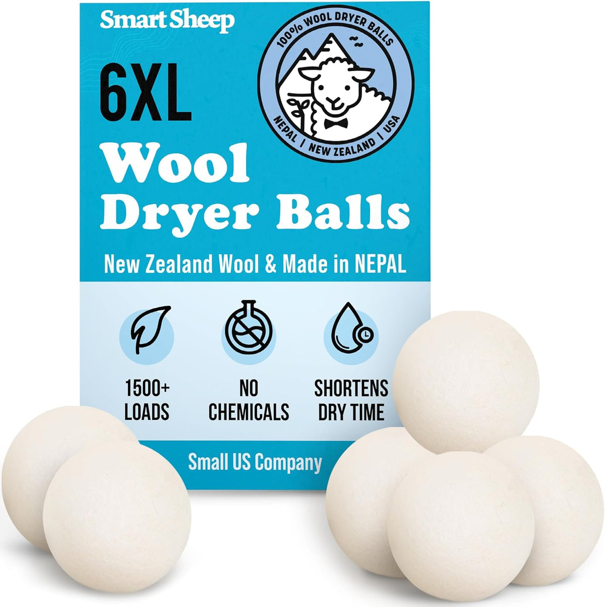 Smart Sheep Wool Dryer Balls - 6-Pack - XL Premium Natural Fabric Softener Award-Winning - Wool