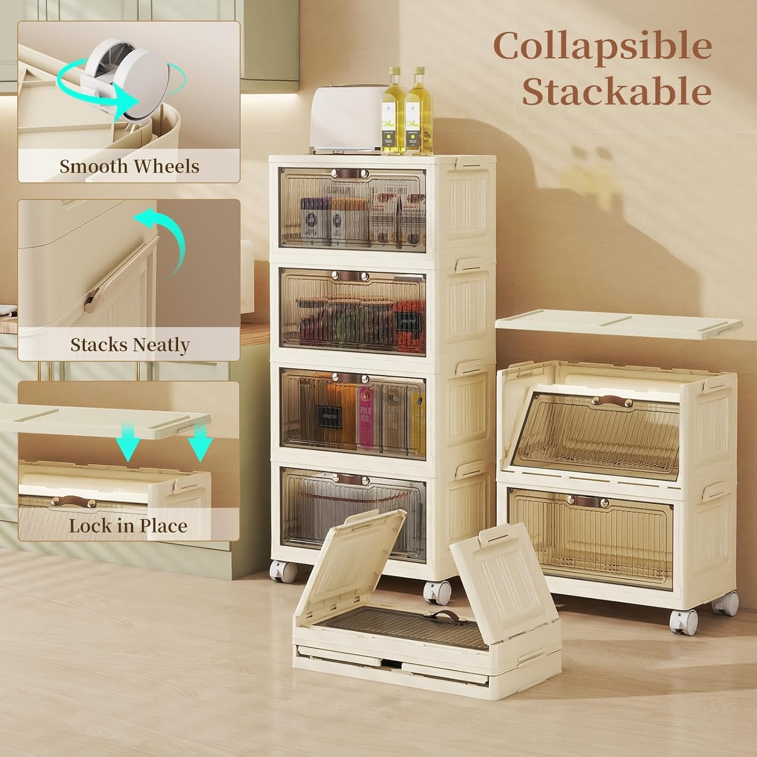 4 Tier - 48QT Storage Bins with Lids, Collapsible Storage Bins with Doors and Wheels, Plastic