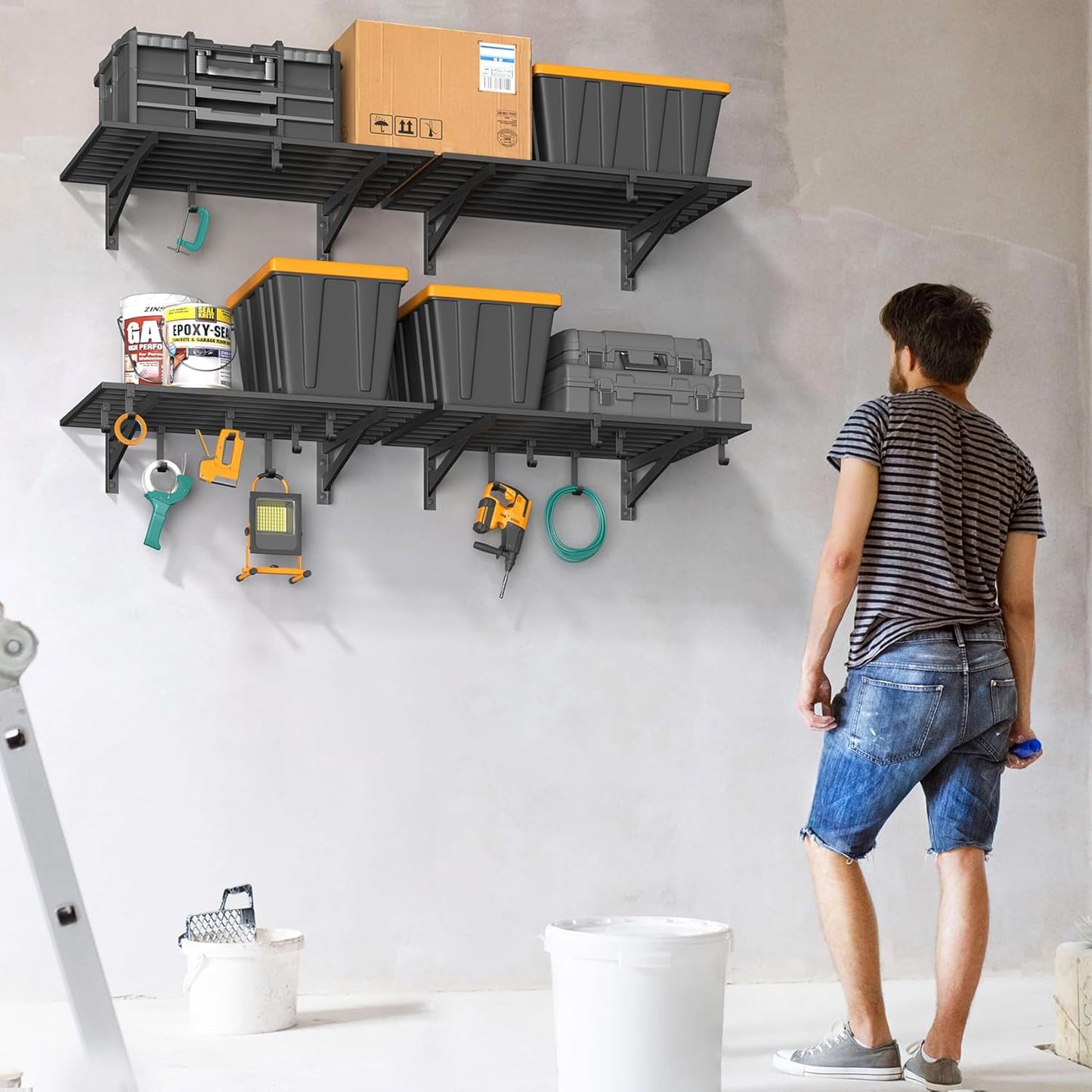 4-Pack 2x3ft Garage Shelving Wall Mounted, 2' x 3' Heavy Duty Garage Storage Shelves with Hooks