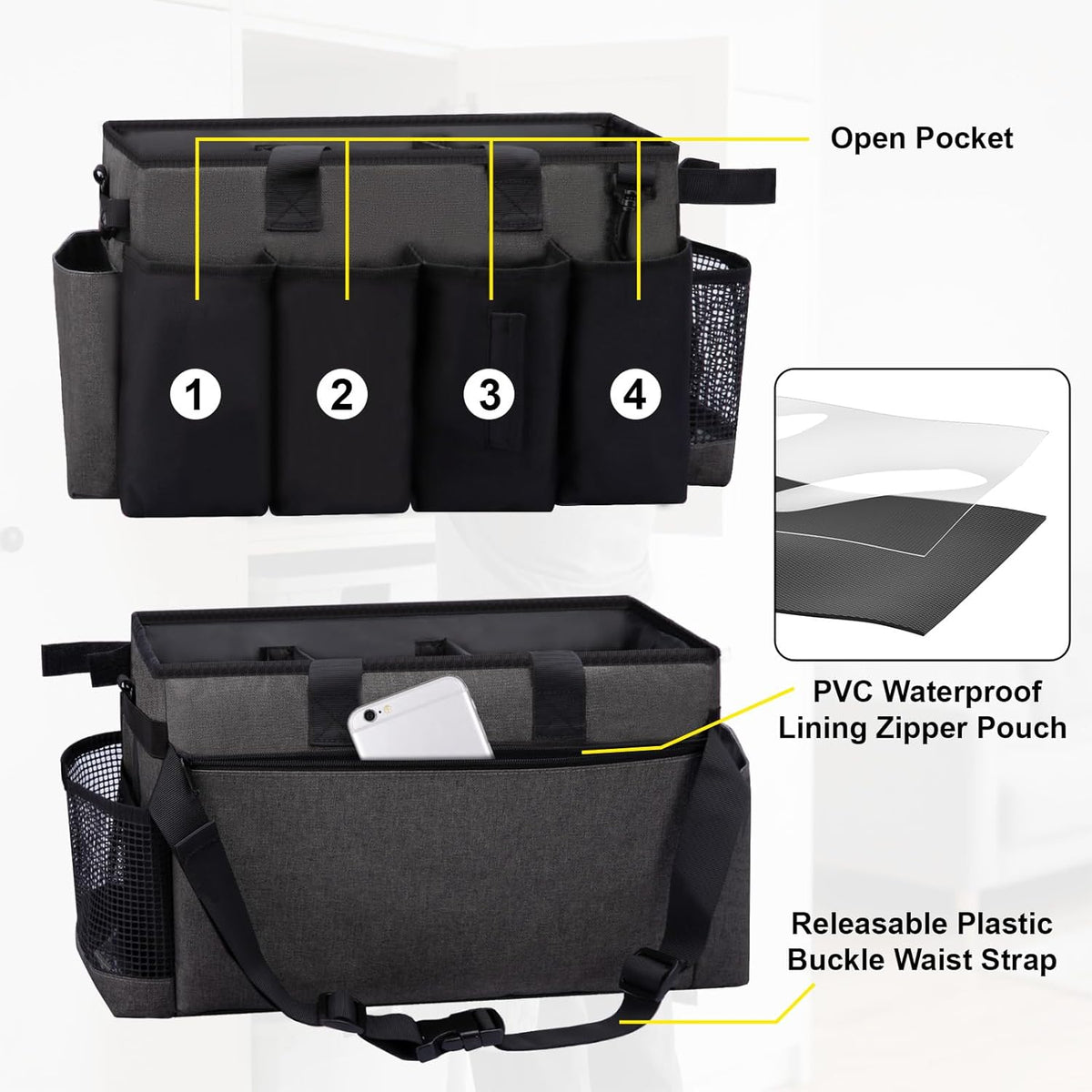 Wearable Large Cleaning Caddy Bag for Housekeeper, Clean Supply Organizer with Adjustable Shoulder