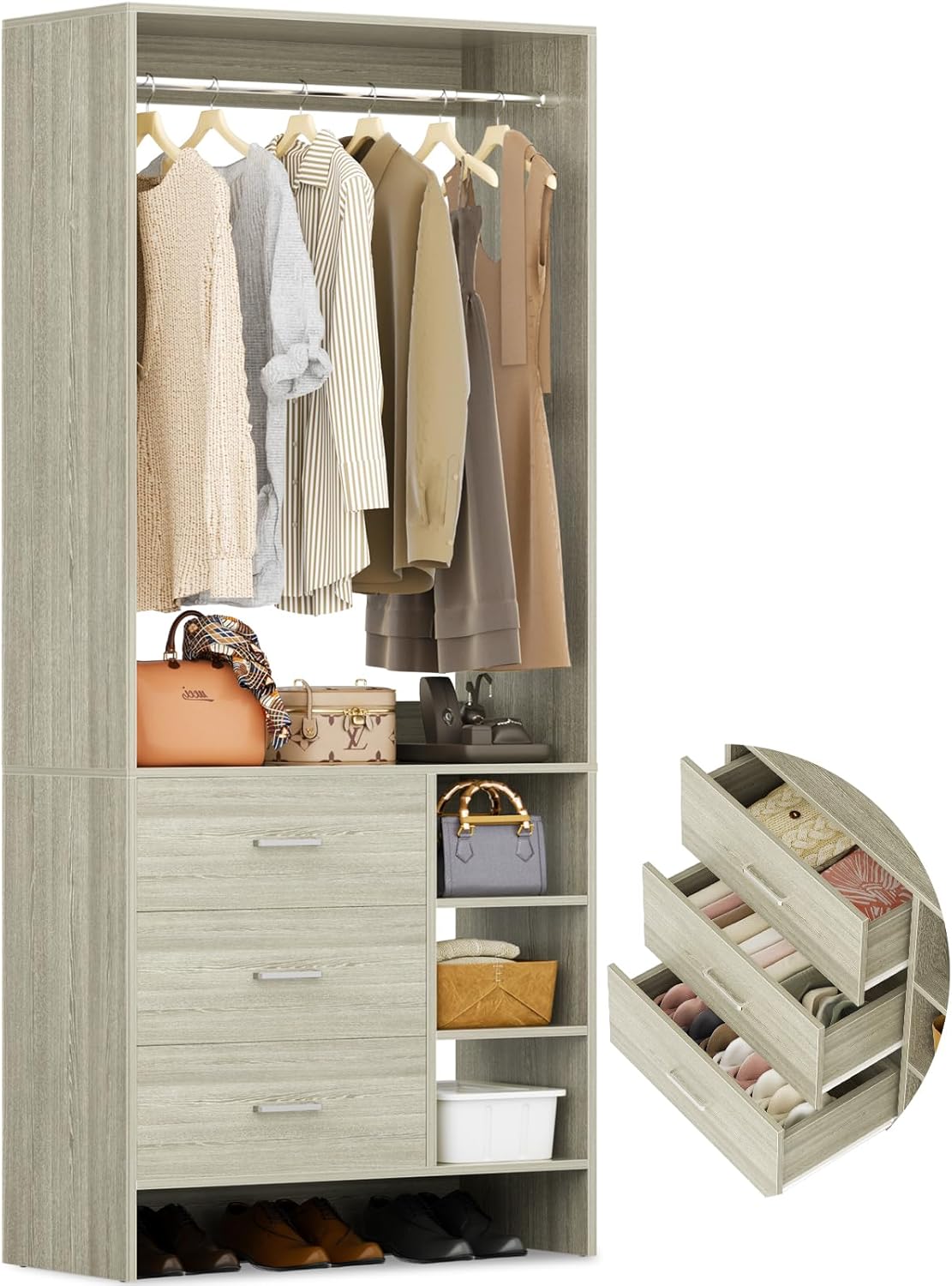 Aheaplus 2.5FT Closet System with 3 Drawers, 29.5’’ Closet Organizer, Wood Closet Organizer System