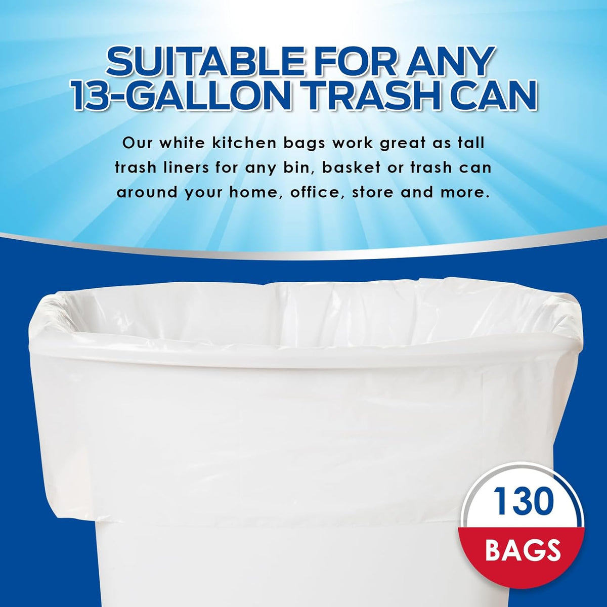 PAMI 13-Gallon Tall Garbage Bags [130-Pack, White] With Twist Ties - Unscented, Odor-Control Trash