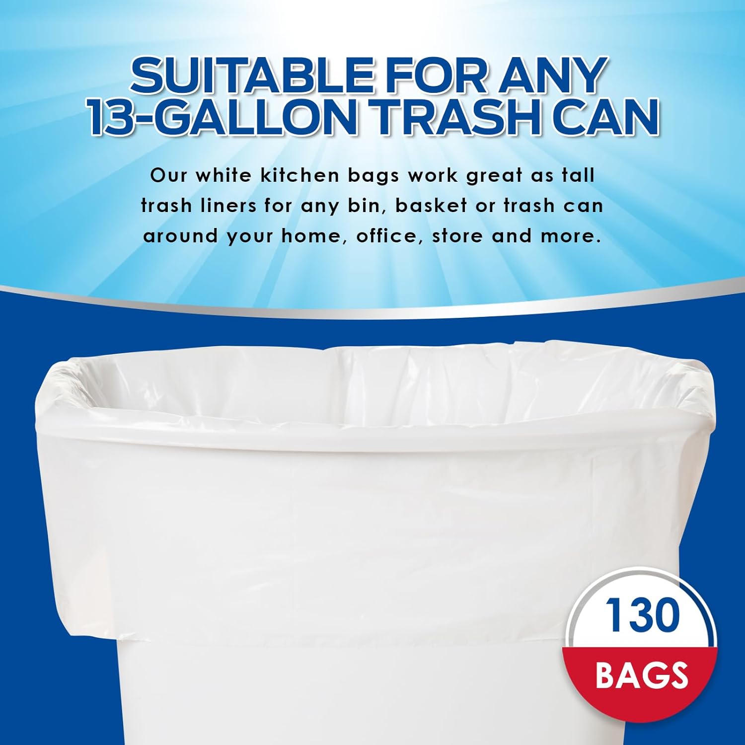 PAMI 13-Gallon Tall Garbage Bags [130-Pack, White] With Twist Ties - Unscented, Odor-Control Trash