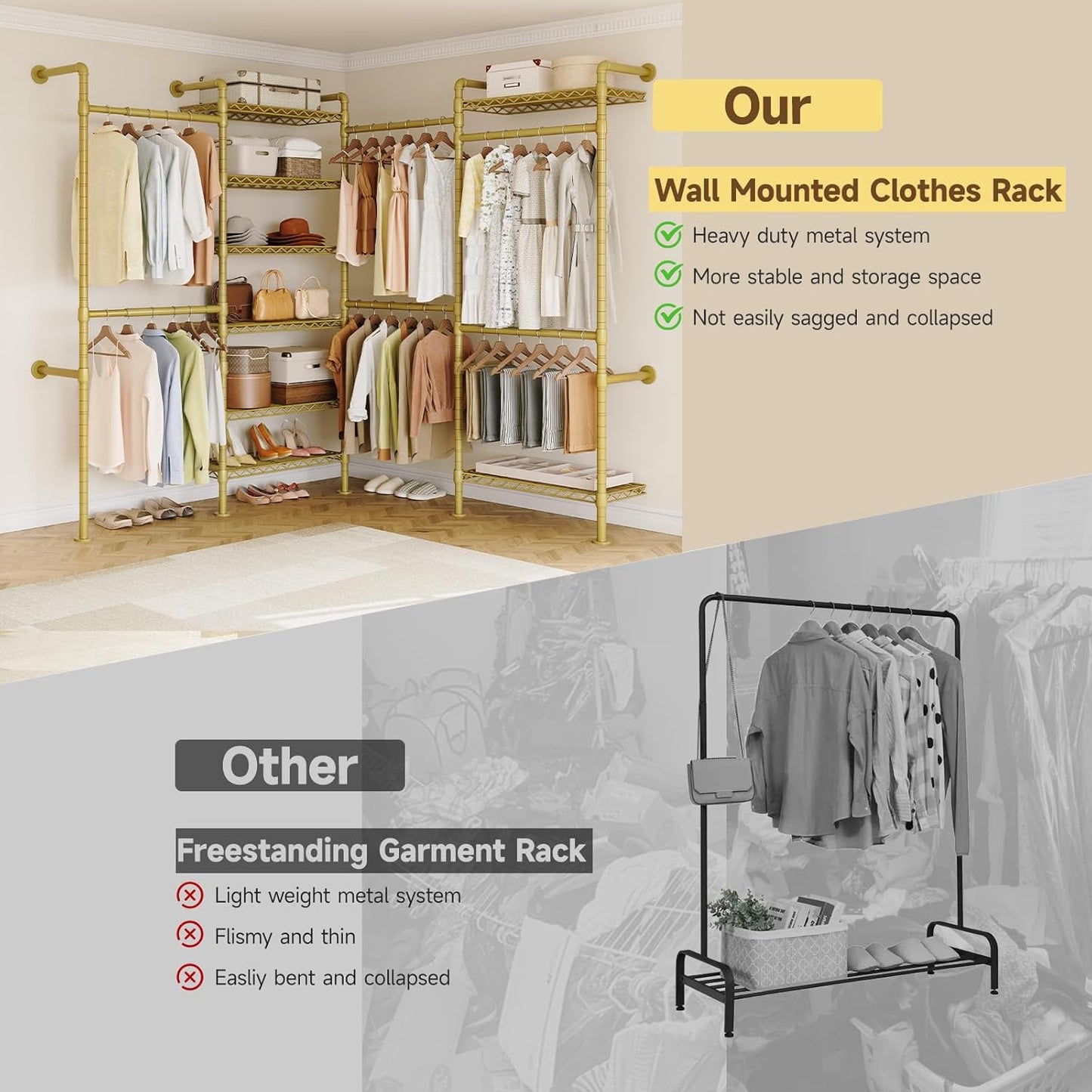 ONBRILL L4 Wall Mounted Industrial Pipe Clothing Rack, Closet Organizer System with 6 Hanging