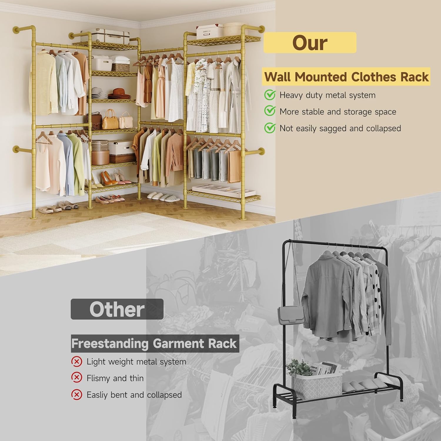 ONBRILL L4 Wall Mounted Industrial Pipe Clothing Rack, Closet Organizer System with 6 Hanging