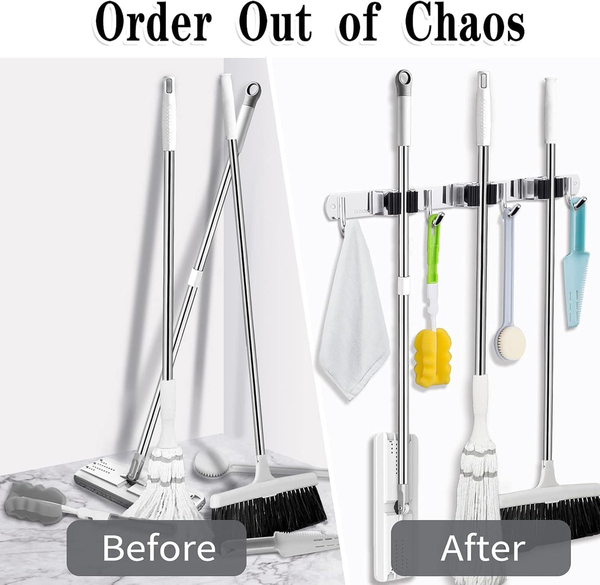 3 Racks and 4 Hooks Broom and Mop Holder Wall Mounted Garage Organizer Storage Tool Racks Stainless