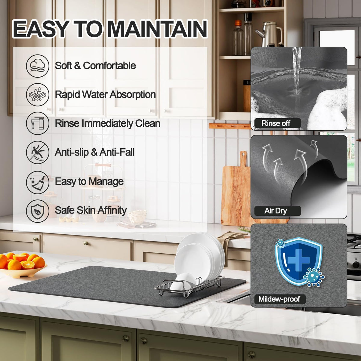 Dish Drying Mat for Kitchen Counter | Coffee Bar Mat for Countertops | Heat Resistant Drainer Mat