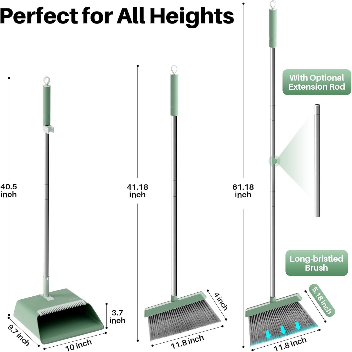 JOYMOOP Dark Teal Green Broom and Dustpan Set, Upright Angle with Built-in Comb Teeth, Ideal for