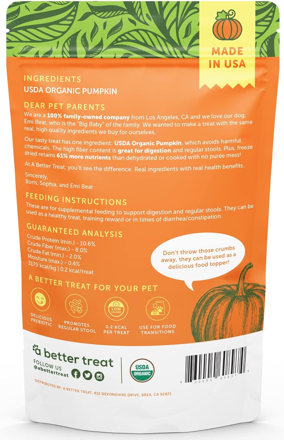 A Better Treat – Freeze Dried Organic Pumpkin Dog and Cat Treats, Organic, Single Ingredient |